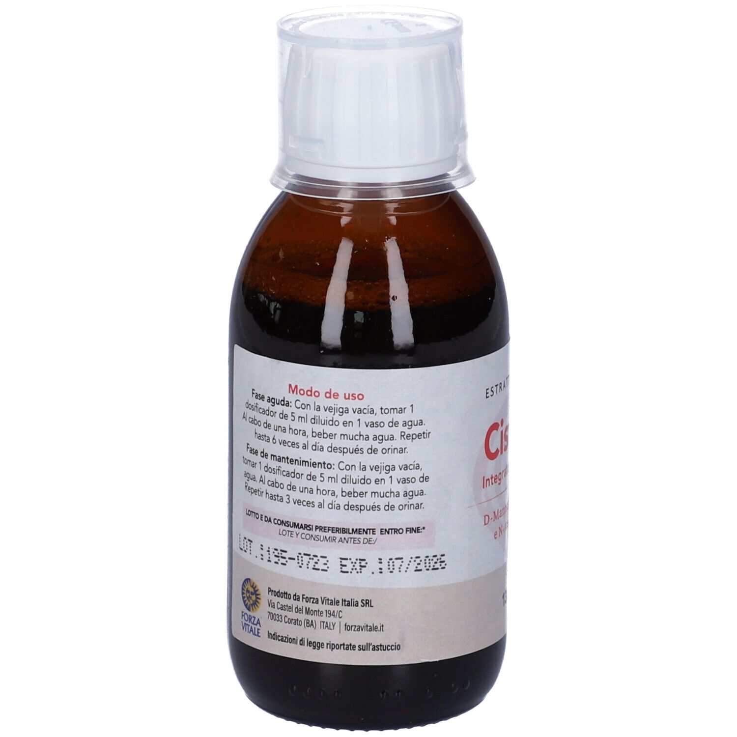 Retro di flacone marrone con tappo bianco. Etichetta con istruzioni per l'uso e scadenza. Marchio Forza Vitale.
