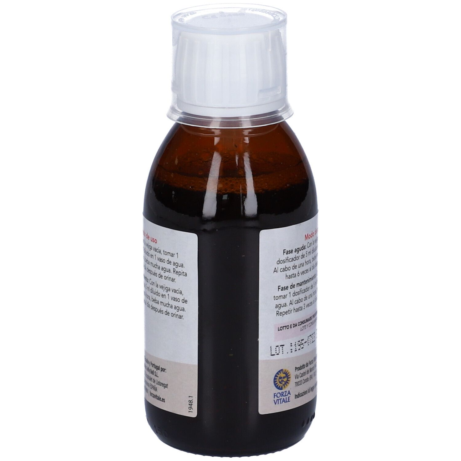 Vista laterale di flacone marrone con tappo bianco. Etichetta con istruzioni e scadenza. Marchio Forza Vitale.