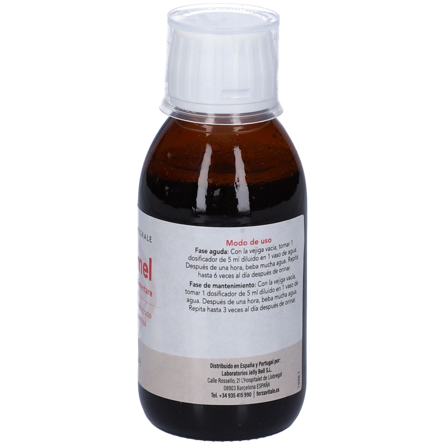 Vista laterale di flacone marrone con tappo bianco. Etichetta con istruzioni per l'uso. Marchio Forza Vitale.