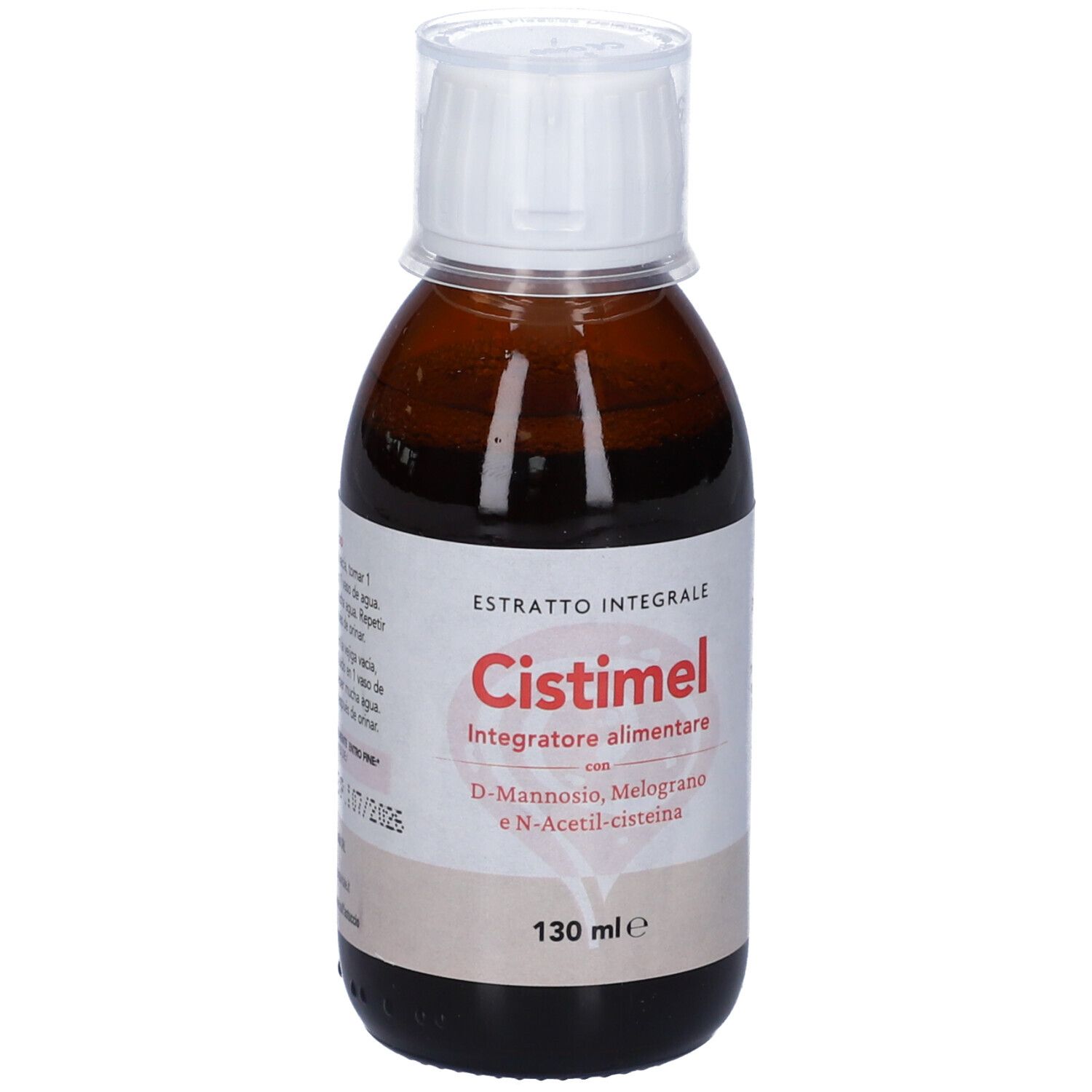 Flacone marrone con tappo bianco. Etichetta con nome Cistimel e ingredienti. Volume: 130 ml.