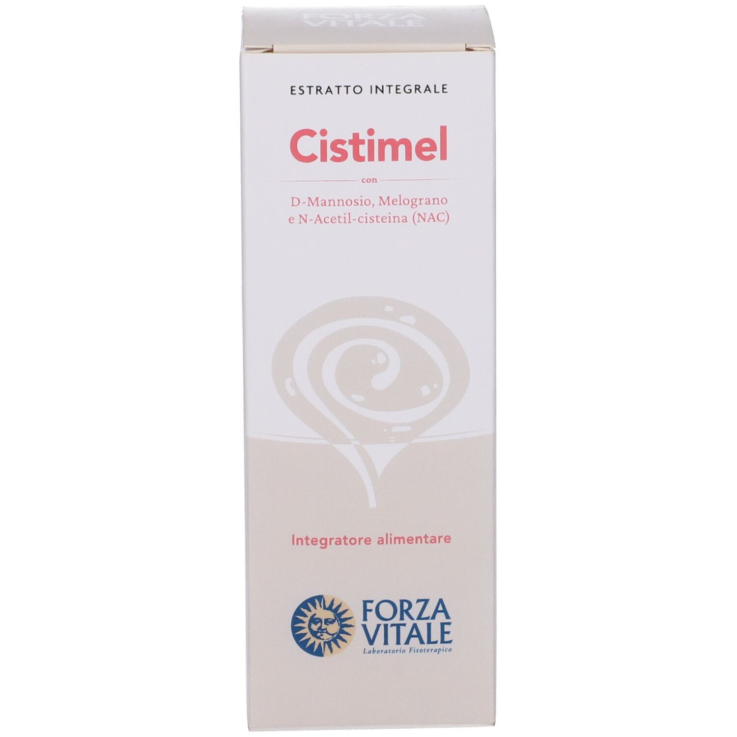 Confezione di Cistimel. Scatola bianca con nome del prodotto, ingredienti e logo Forza Vitale.