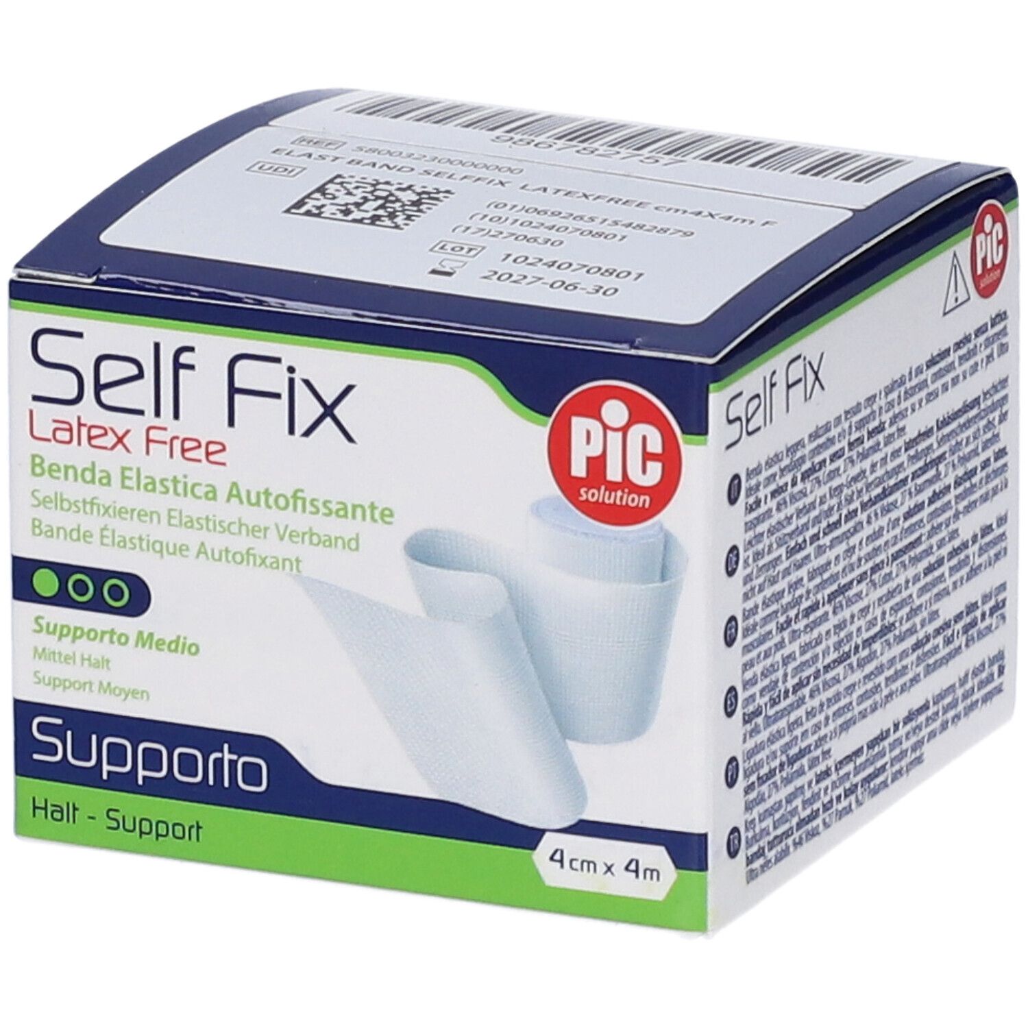 Confezione di Self Fix, benda elastica senza lattice, 4cm x 4m. Logo PIC.