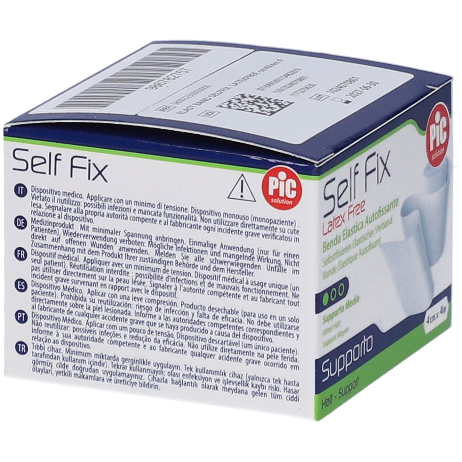 Confezione di Self Fix, benda elastica senza lattice. Testo multilingue. Logo PIC.