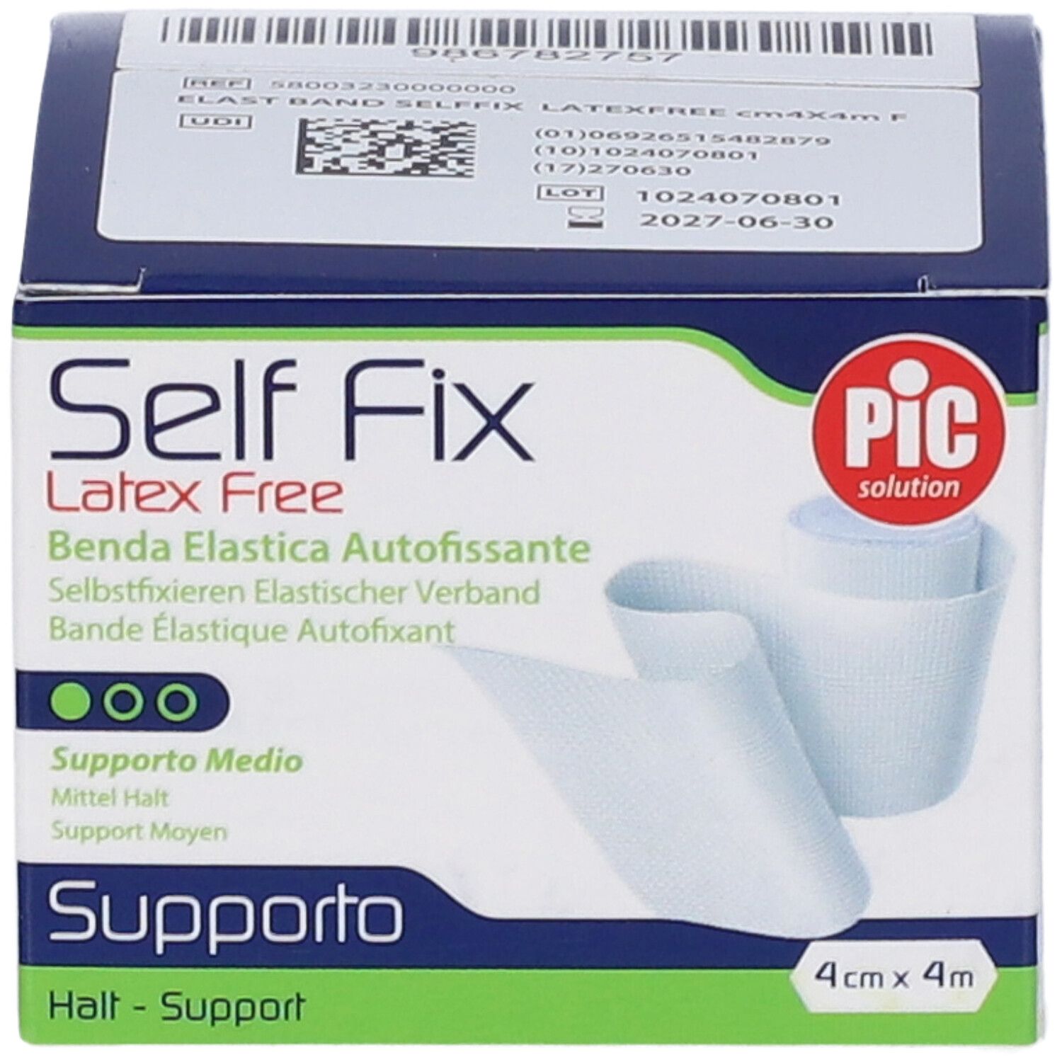 Confezione di Self Fix, benda elastica senza lattice, 4cm x 4m. Logo PIC.
