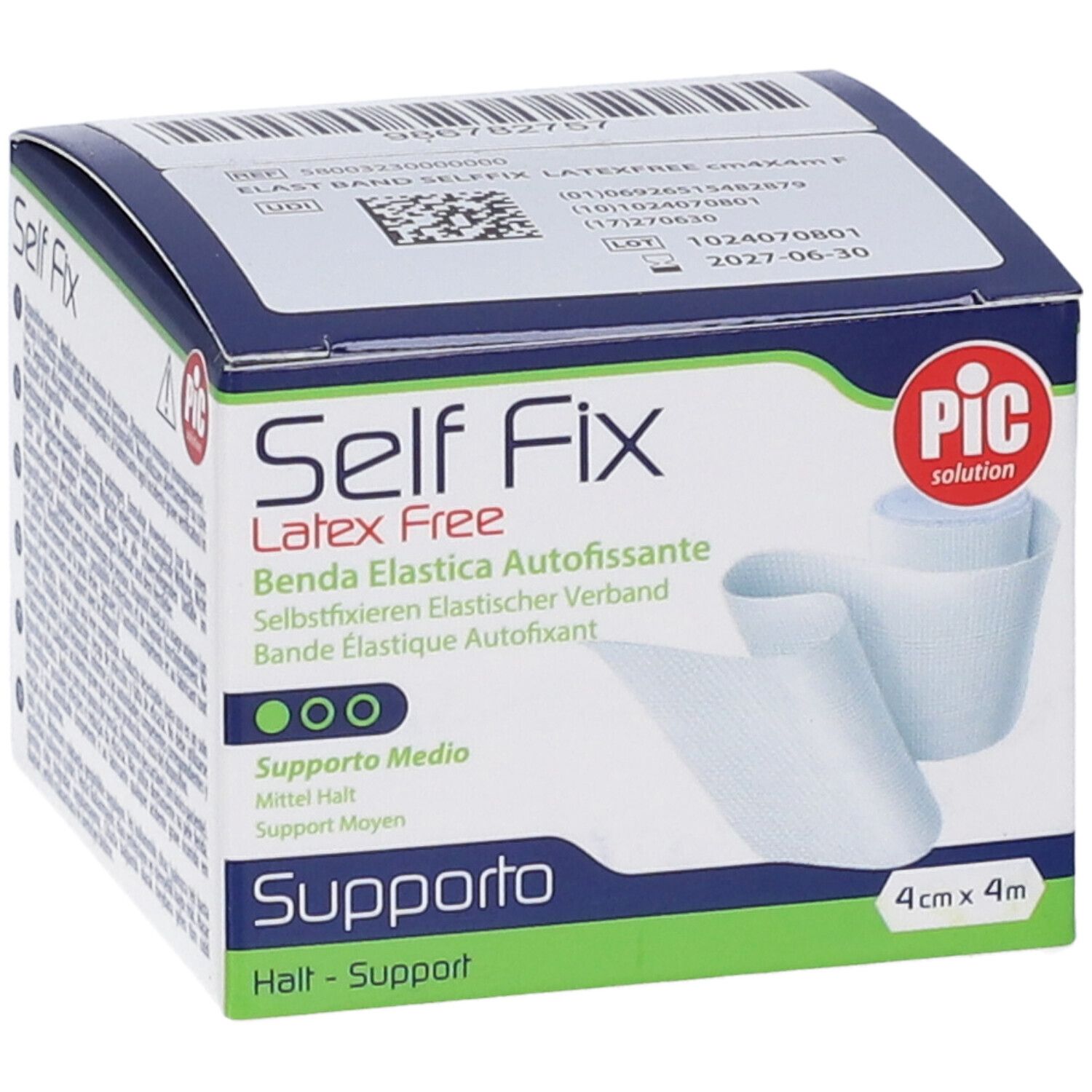 Confezione di Self Fix, benda elastica senza lattice, 4cm x 4m. Logo PIC.
