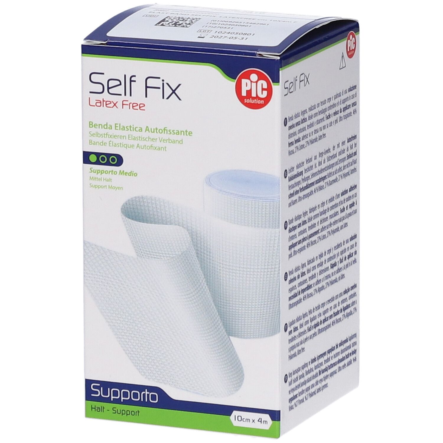 Confezione Self Fix Latex Free. Benda e rotolo visibili. Dimensioni: 10cm x 4m.