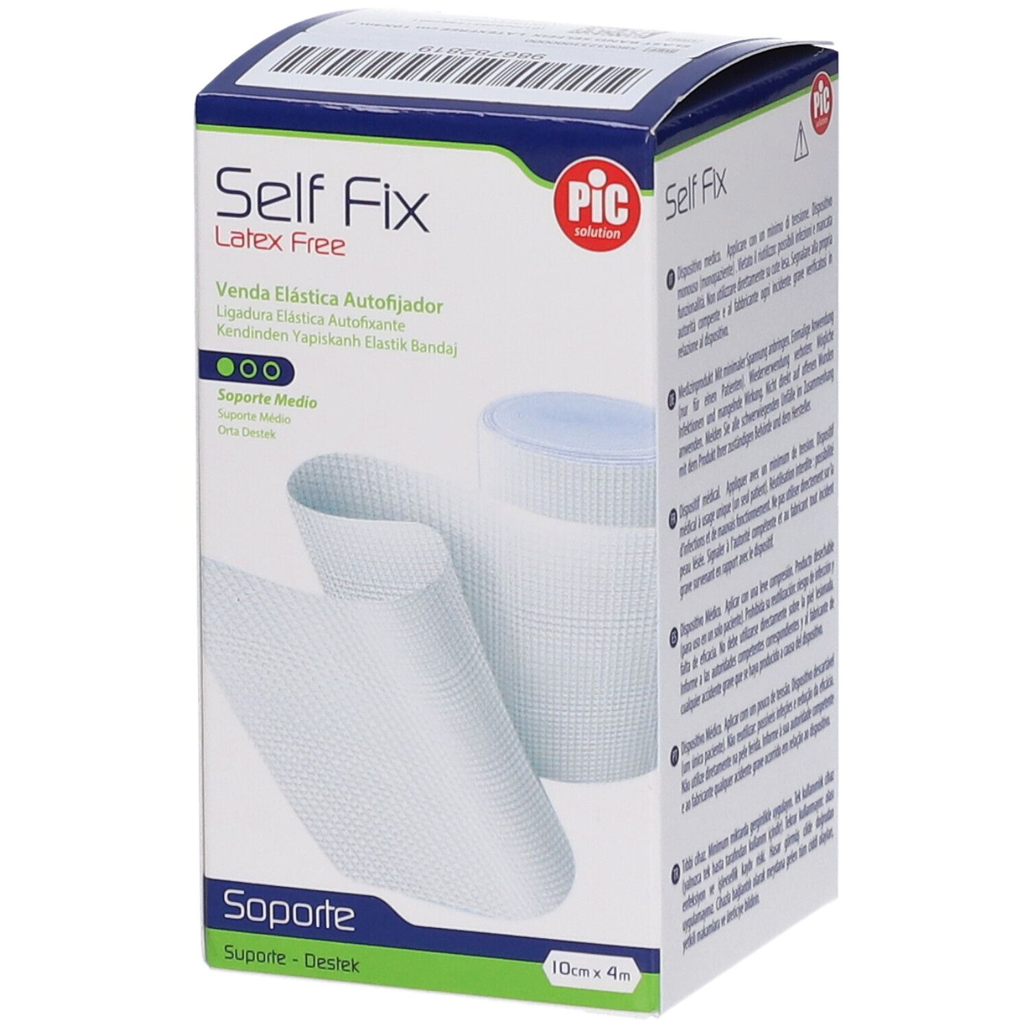 Confezione Self Fix Latex Free. Benda e rotolo visibili. Dimensioni: 10cm x 4m.