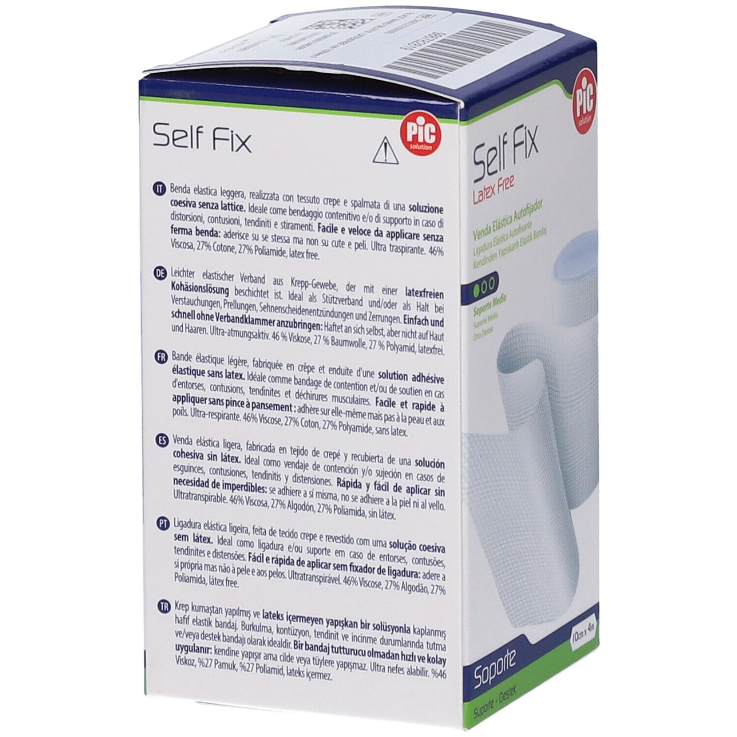 Confezione di Self Fix, benda elastica senza lattice. Testo sulla confezione. Marchio PIC.