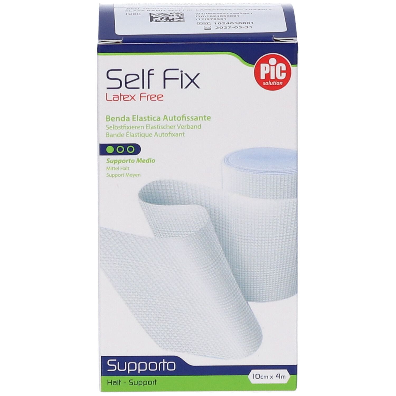 Confezione Self Fix Latex Free. Benda e rotolo visibili. Dimensioni: 10cm x 4m.