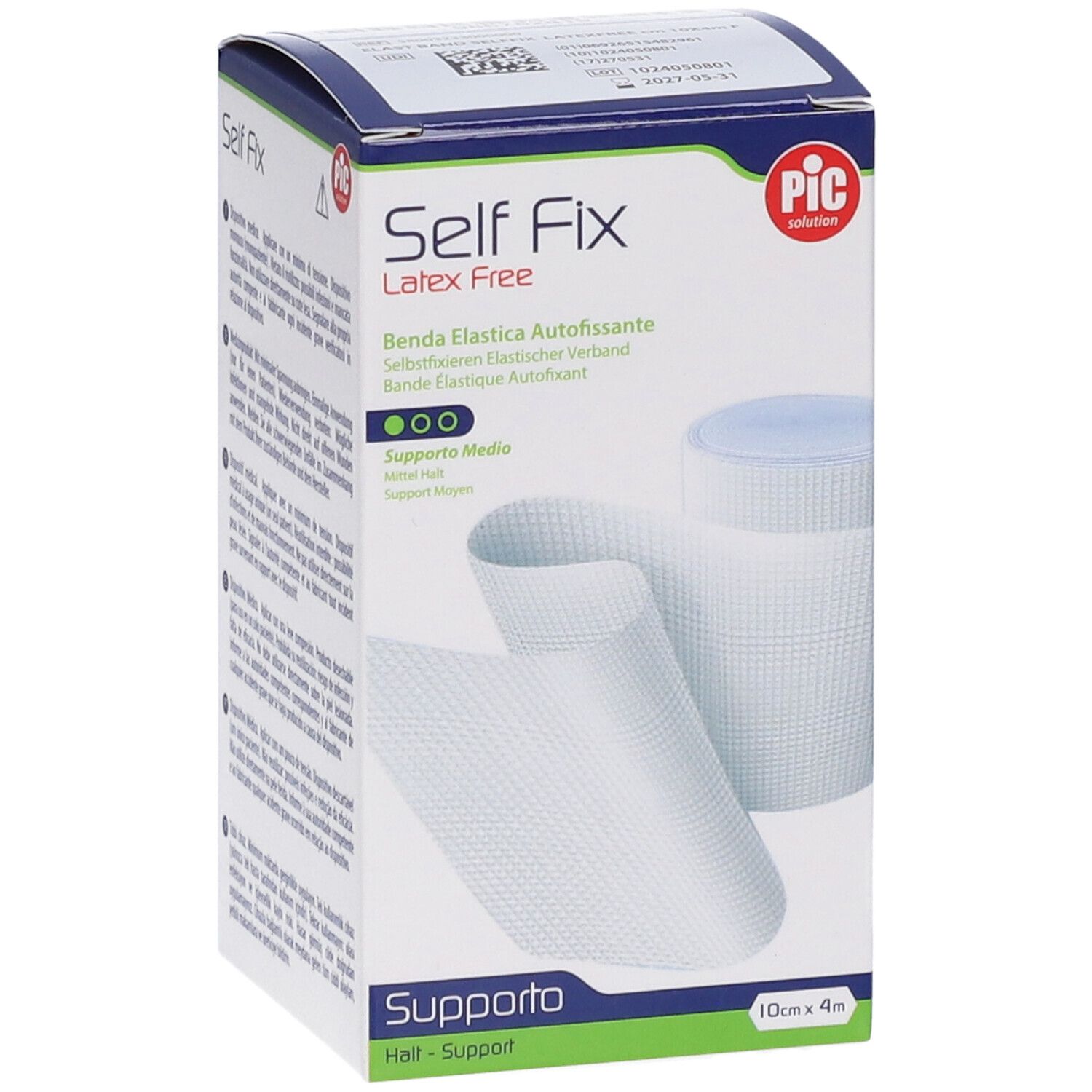Confezione Self Fix Latex Free. Benda e rotolo visibili. Dimensioni: 10cm x 4m.