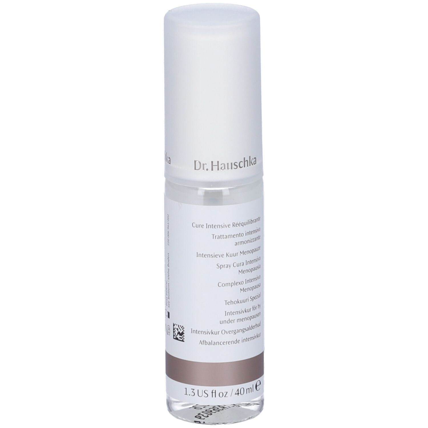 Flacone trasparente con tappo bianco. Scritte multilingue, 1.3 US fl oz / 40 ml.