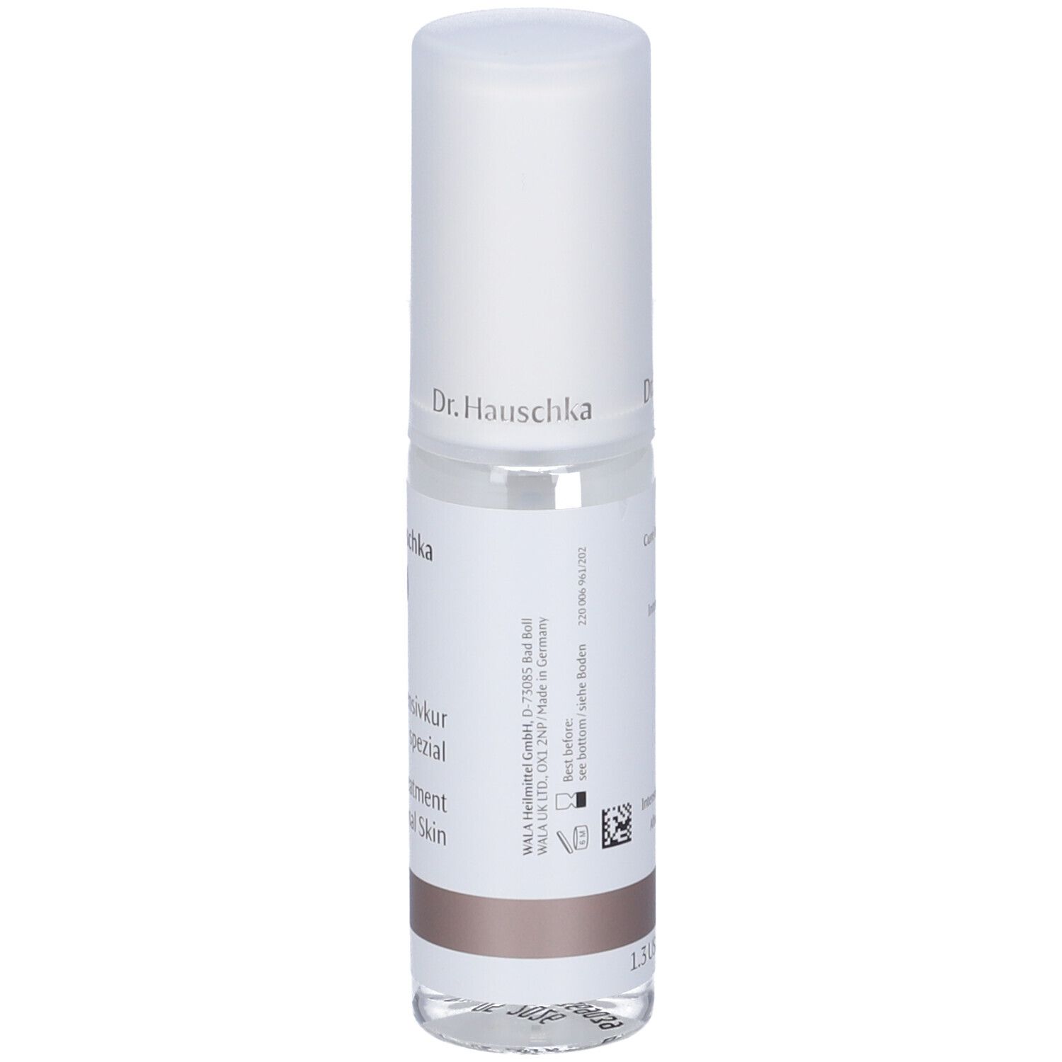 Flacone trasparente con tappo bianco. Scritte multilingue, 1.3 US fl oz / 40 ml.
