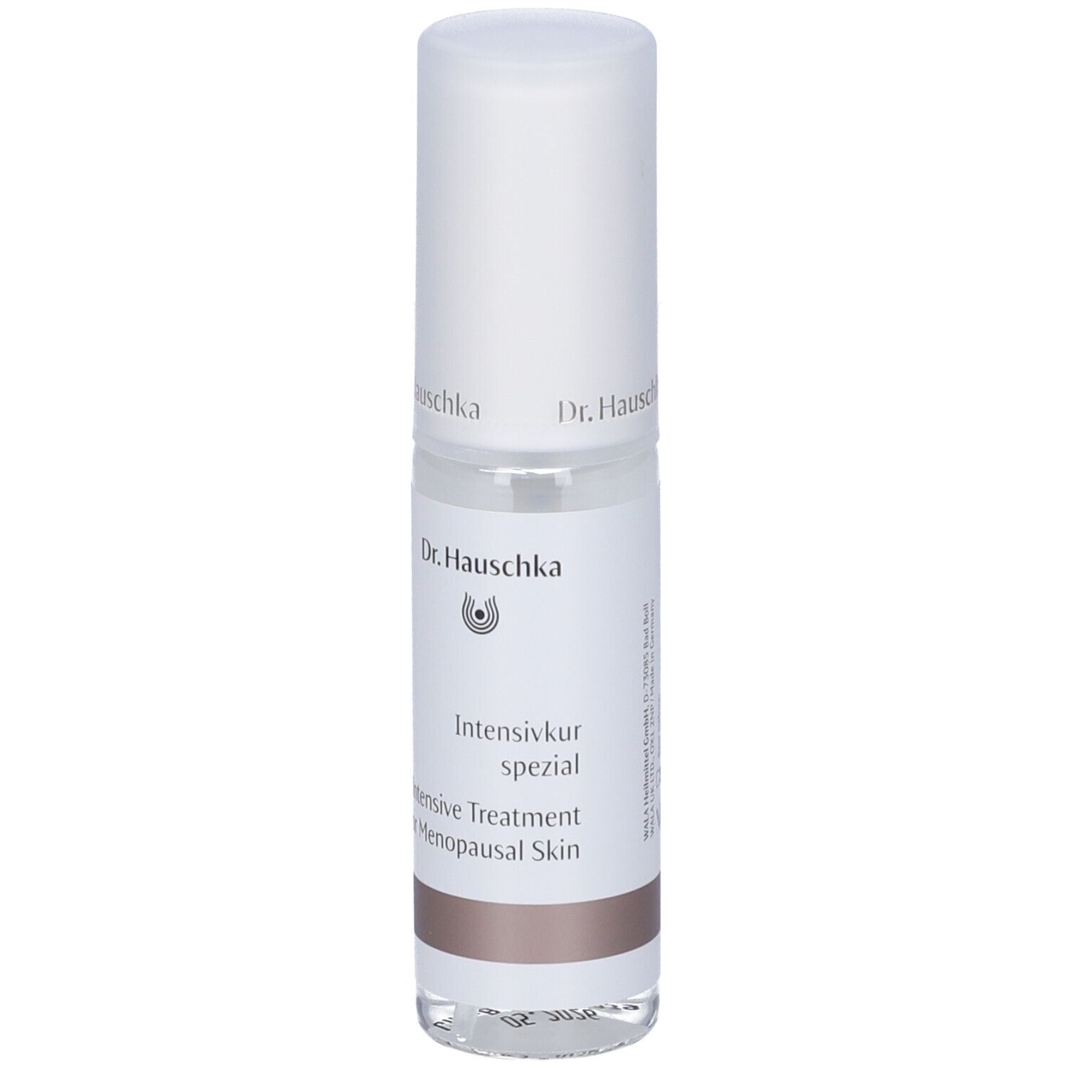 Flacone trasparente con tappo bianco. Scritta: Dr. Hauschka, Intensivkur spezial, Intensive Treatment for Menopausal Skin.