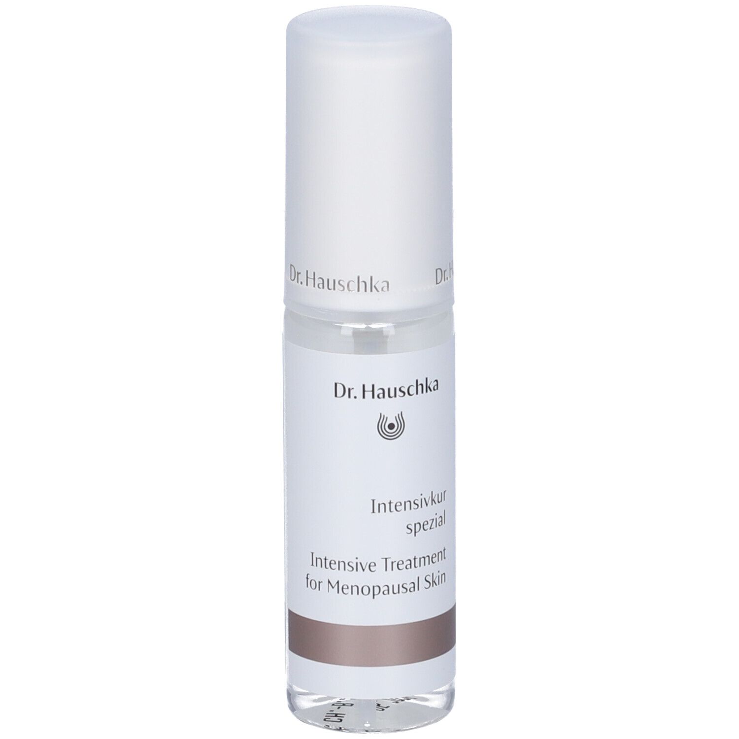 Flacone trasparente con tappo bianco. Scritta: Dr. Hauschka, Intensivkur spezial, Intensive Treatment for Menopausal Skin.