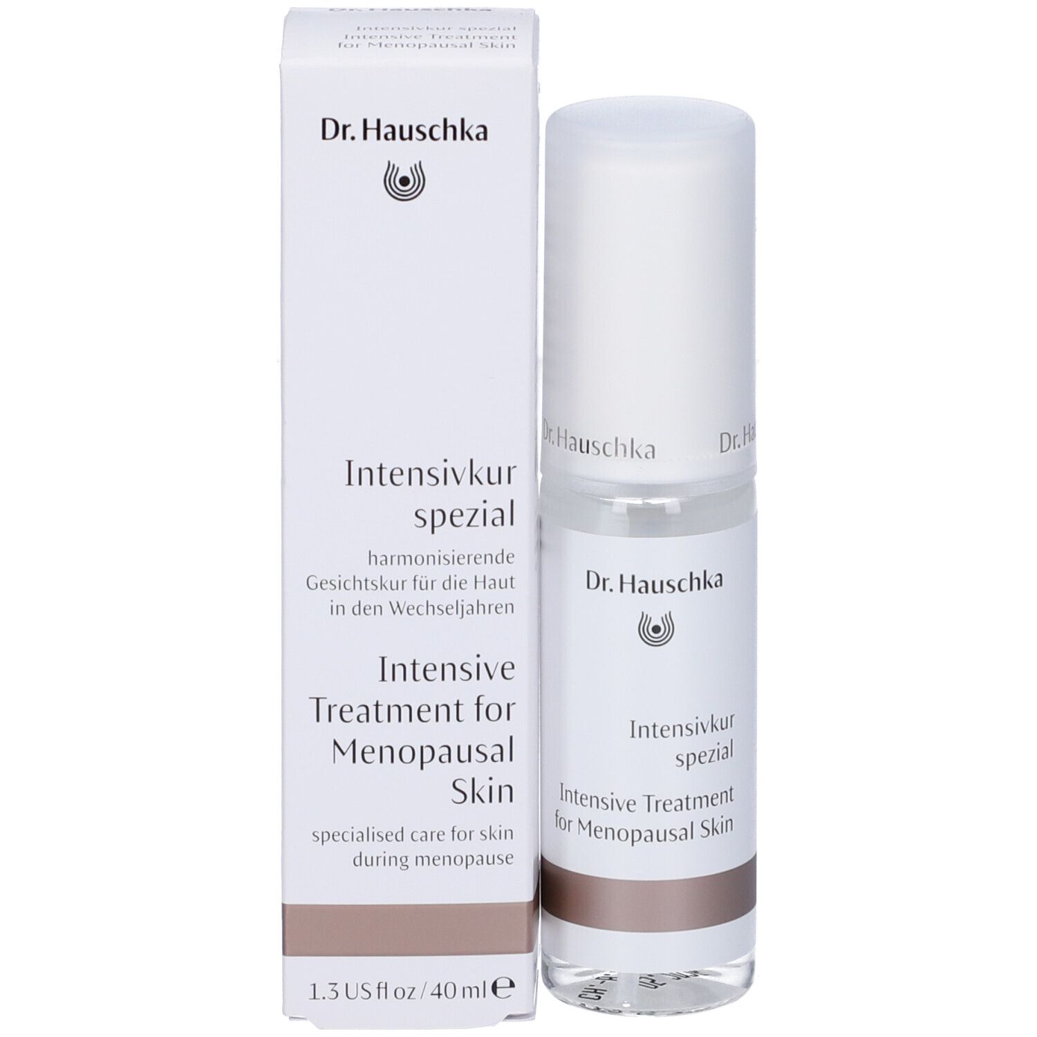Prodotto e confezione. Flacone con tappo bianco e scatola. Scritta: Dr. Hauschka, Intensivkur spezial, Intensive Treatment.