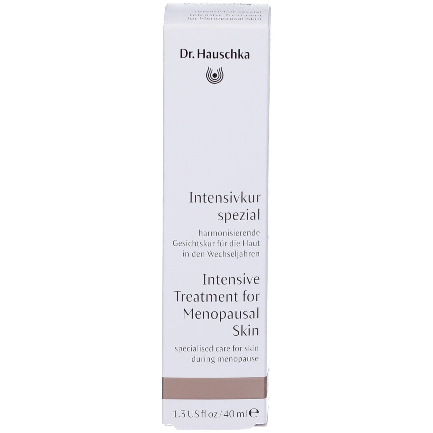 Confezione in cartone. Scritta: Dr. Hauschka, Intensivkur spezial, Intensive Treatment for Menopausal Skin, 1.3 US fl oz / 40 ml.