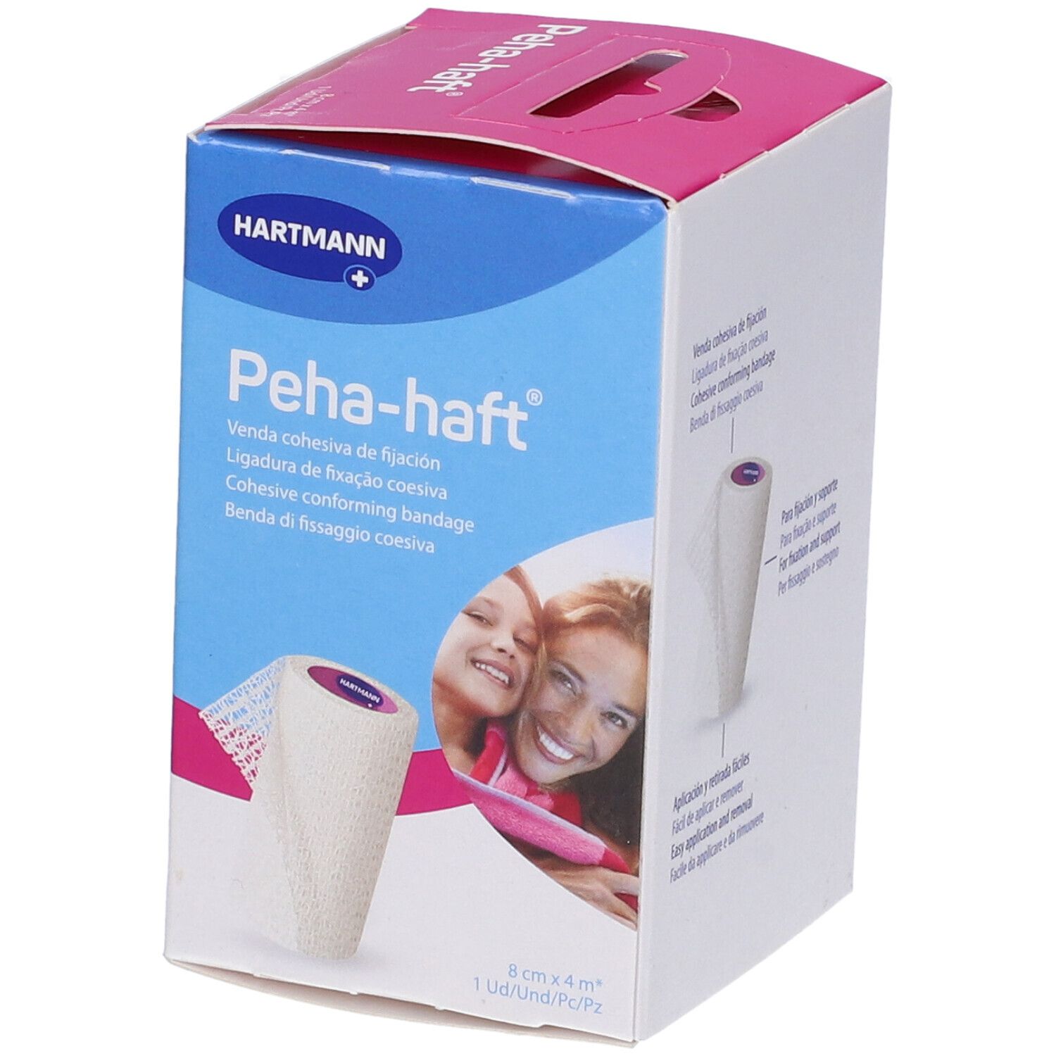 Confezione Hartmann Peha-haft. Benda coesiva di fissaggio. Dimensioni 8 cm x 4 m. Marchio e nome del prodotto visibili.