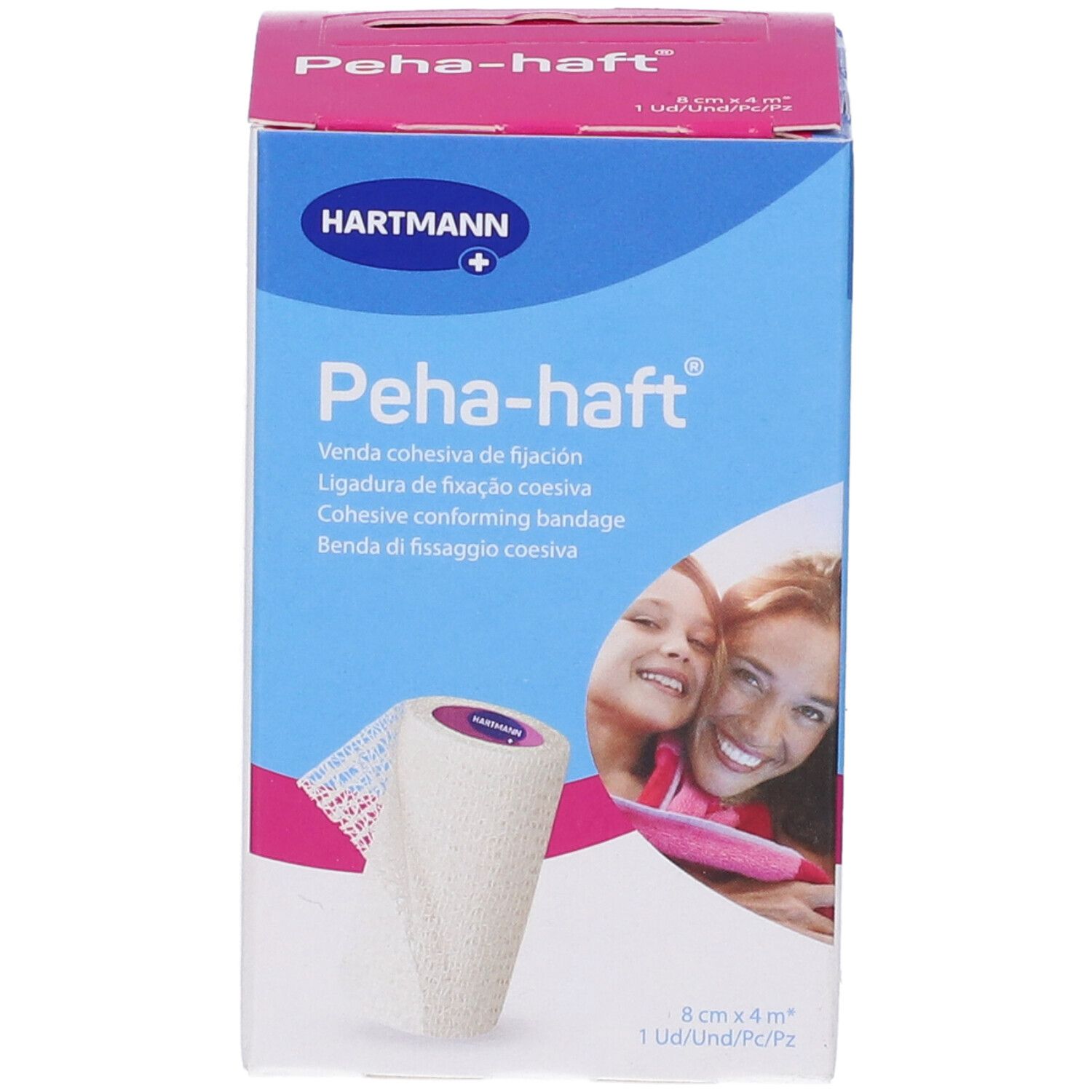 Confezione Hartmann Peha-haft. Benda coesiva di fissaggio. Dimensioni 8 cm x 4 m. Marchio e nome del prodotto visibili.