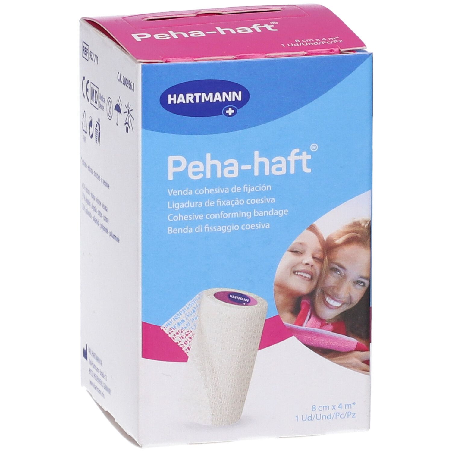 Confezione Hartmann Peha-haft. Benda coesiva di fissaggio. Dimensioni 8 cm x 4 m. Marchio e nome del prodotto visibili.