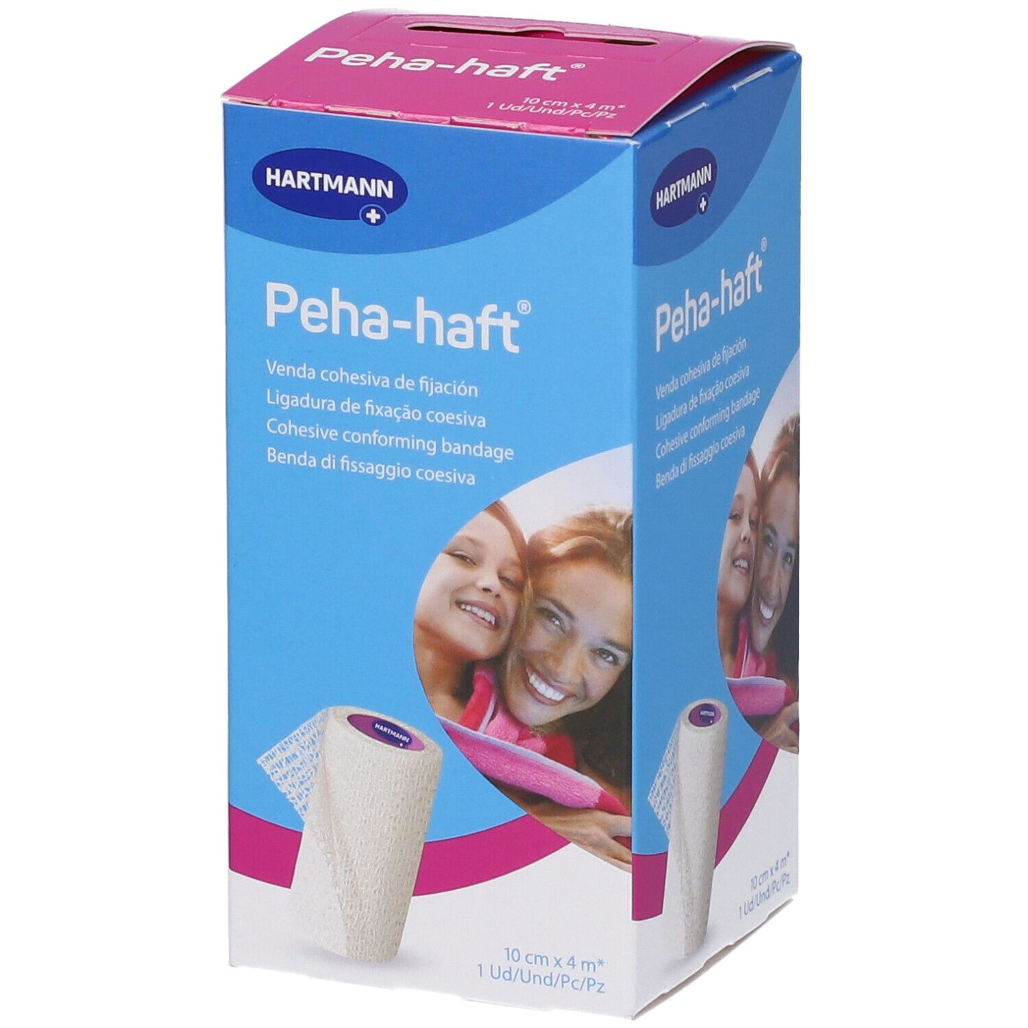 Confezione di Peha-haft. Benda, 10cm x 4m. Marchio Hartmann. Stampa con nome del prodotto e immagini.