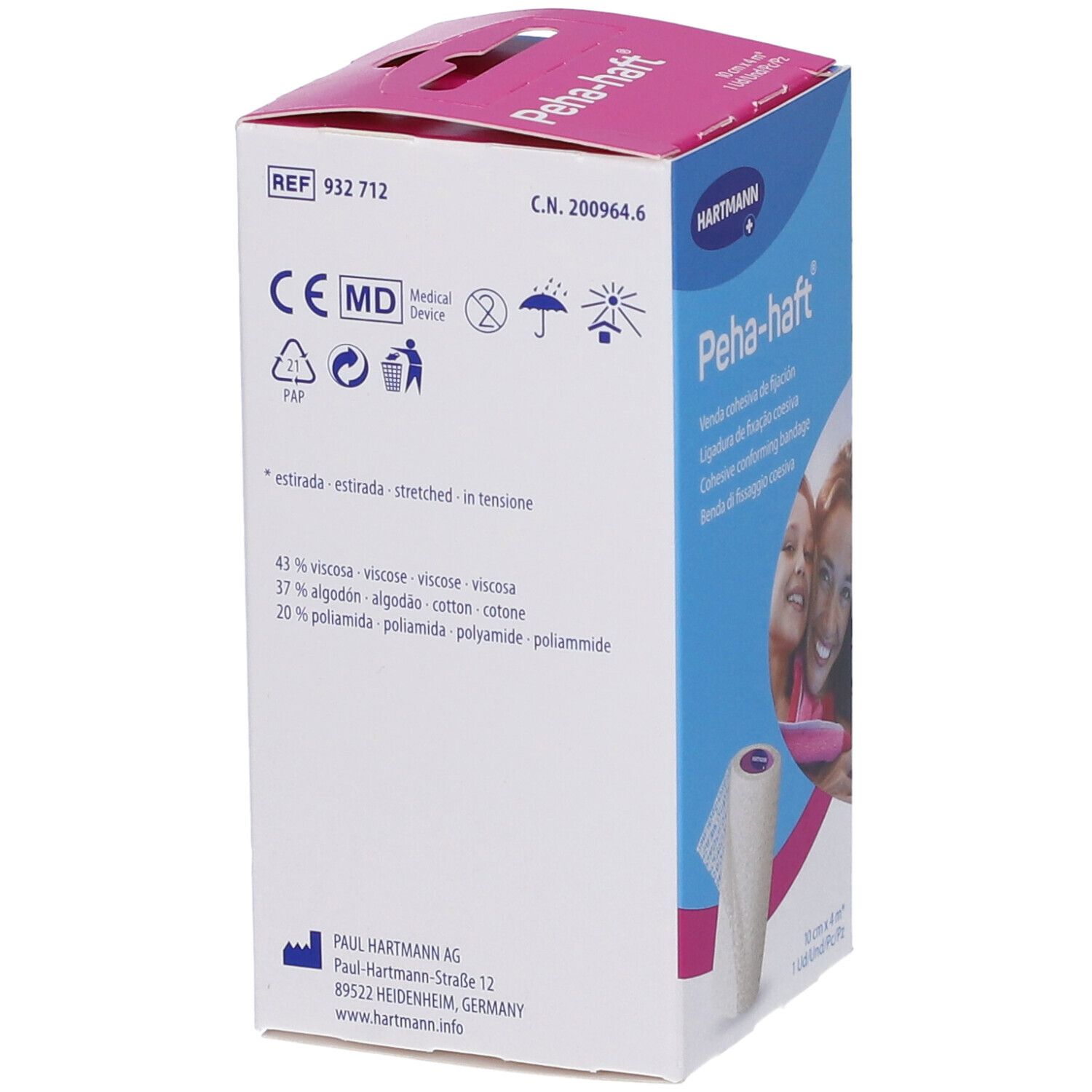 Retro della confezione Peha-haft. Nome del prodotto, ingredienti, indirizzo del produttore, marchio CE e pittogrammi.