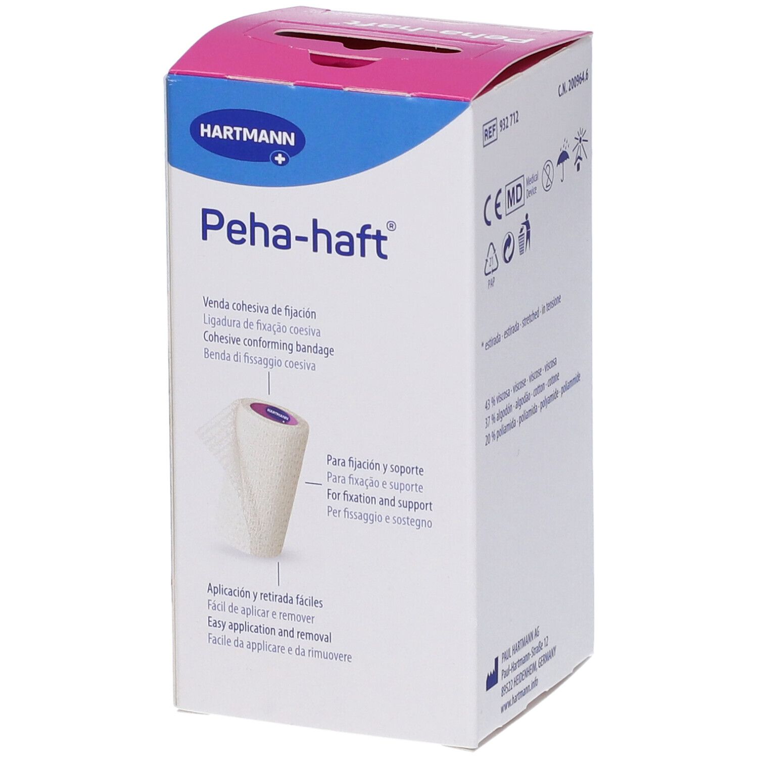 Confezione di Peha-haft. Benda, 10cm x 4m. Marchio Hartmann. Stampa con nome del prodotto e immagini.