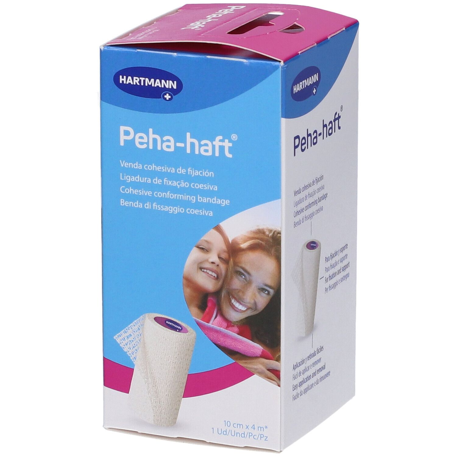 Confezione di Peha-haft. Benda, 10cm x 4m. Marchio Hartmann. Stampa con nome del prodotto e immagini.