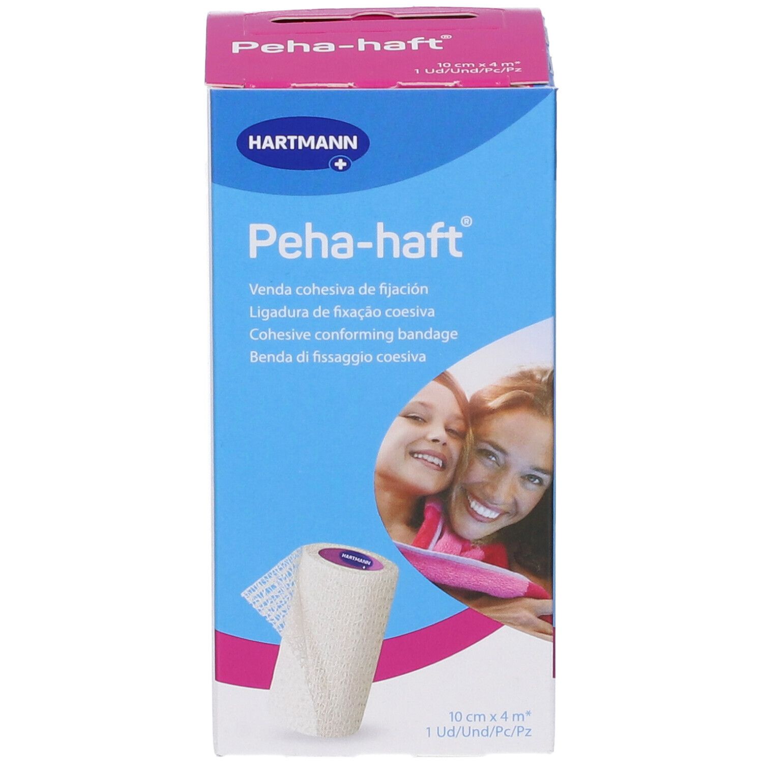 Confezione di Peha-haft. Benda, 10cm x 4m. Marchio Hartmann. Stampa con nome del prodotto e immagini.