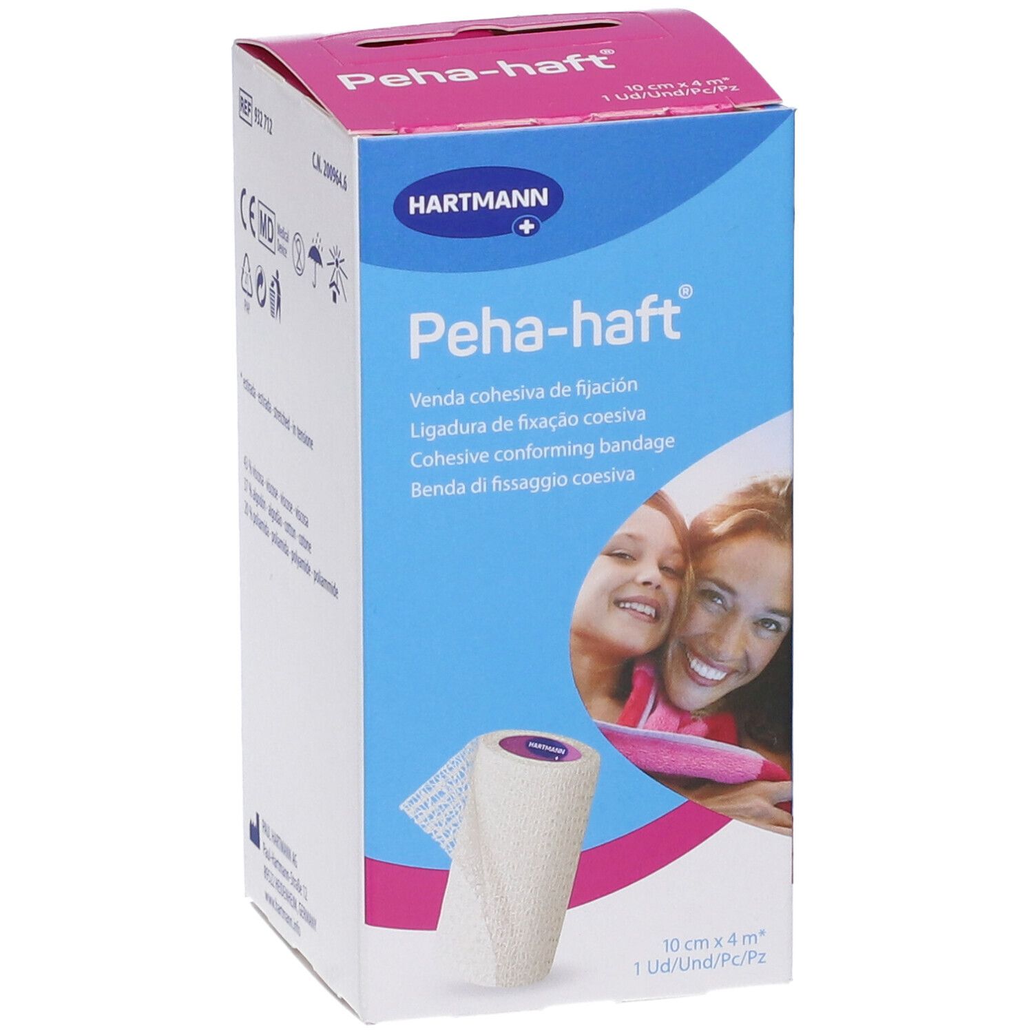 Confezione di Peha-haft. Benda, 10cm x 4m. Marchio Hartmann. Stampa con nome del prodotto e immagini.