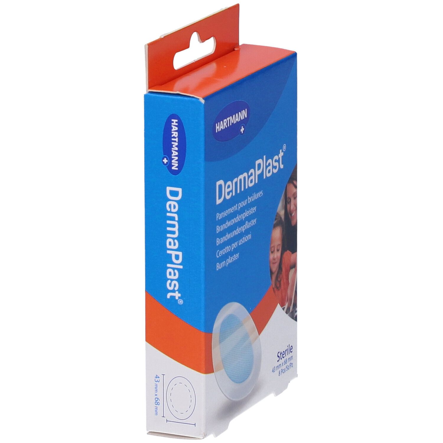 Confezione Hartmann DermaPlast®. Illustrazione del cerotto. Dimensioni: 43 mm x 68 mm. Cerotti blu e bianchi. Sterile.