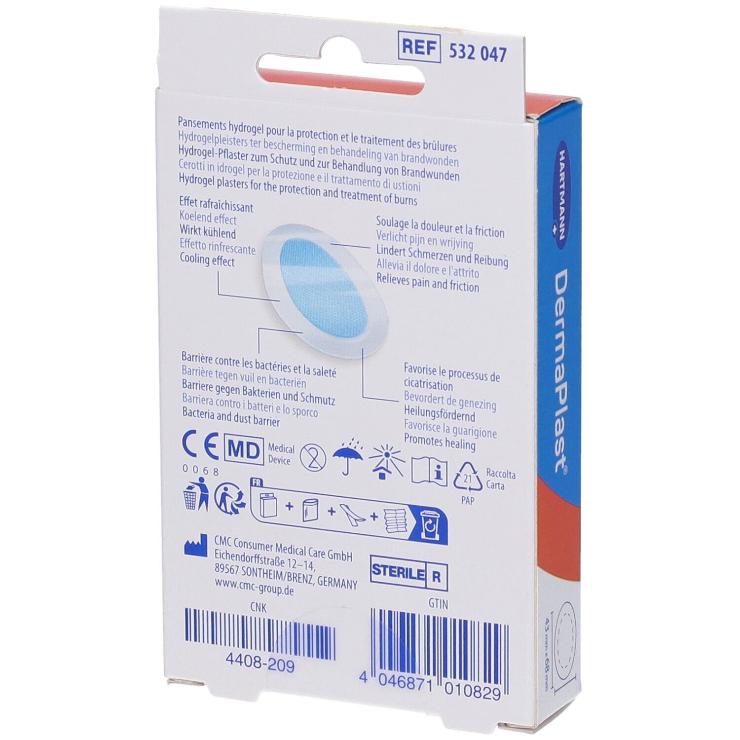Retro della confezione Hartmann DermaPlast®. Informazioni sul prodotto, marchio CE, indicazione sterile.