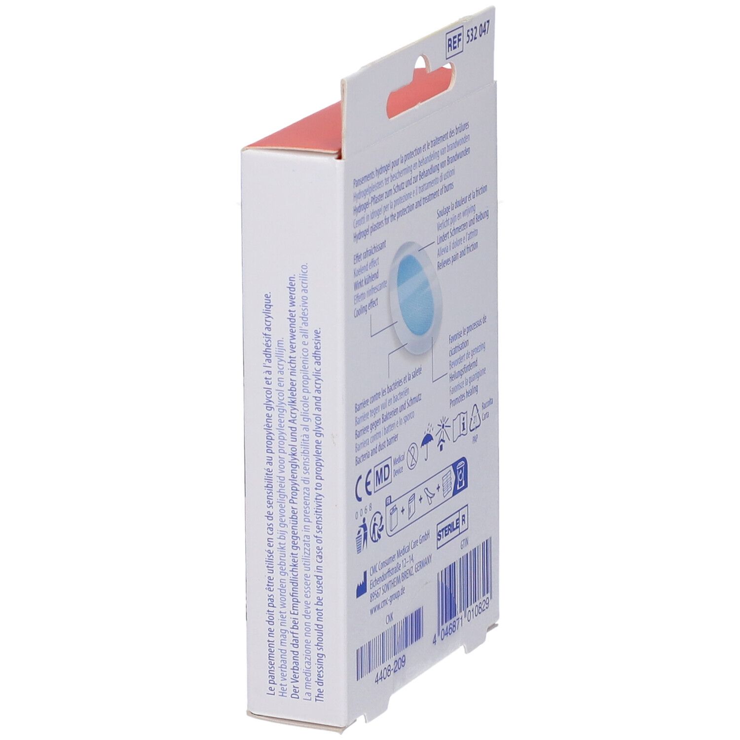 Retro della confezione Hartmann DermaPlast®. Informazioni sul prodotto, marchio CE, indicazione sterile.