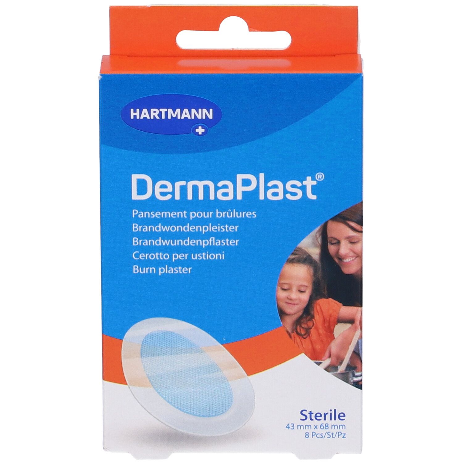 Confezione Hartmann DermaPlast®. Cerotti blu e bianchi, 43 mm x 68 mm. Contiene 8 pezzi. Stampa: Sterile.
