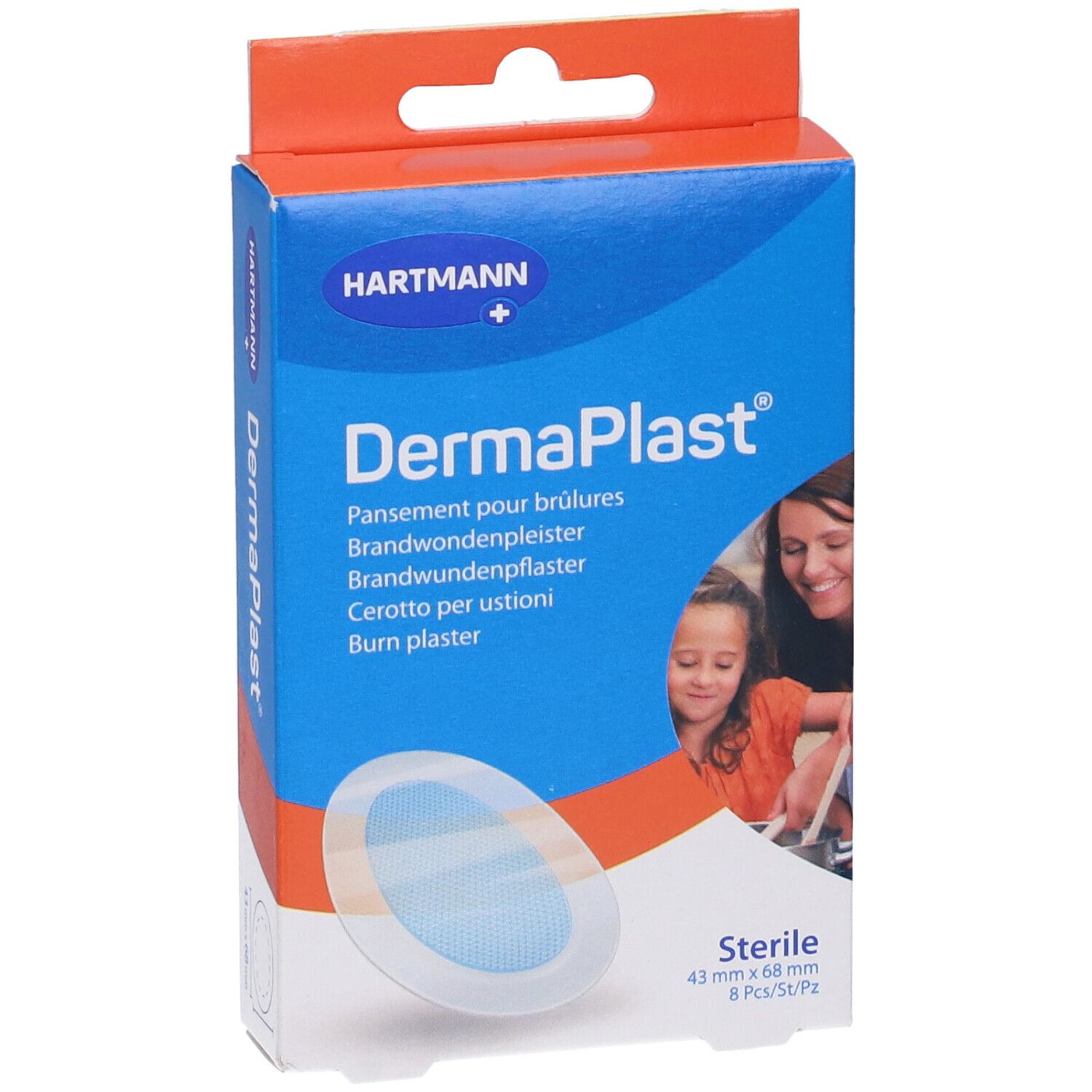 Confezione Hartmann DermaPlast®. Cerotti blu e bianchi, 43 mm x 68 mm. Contiene 8 pezzi. Stampa: Sterile.