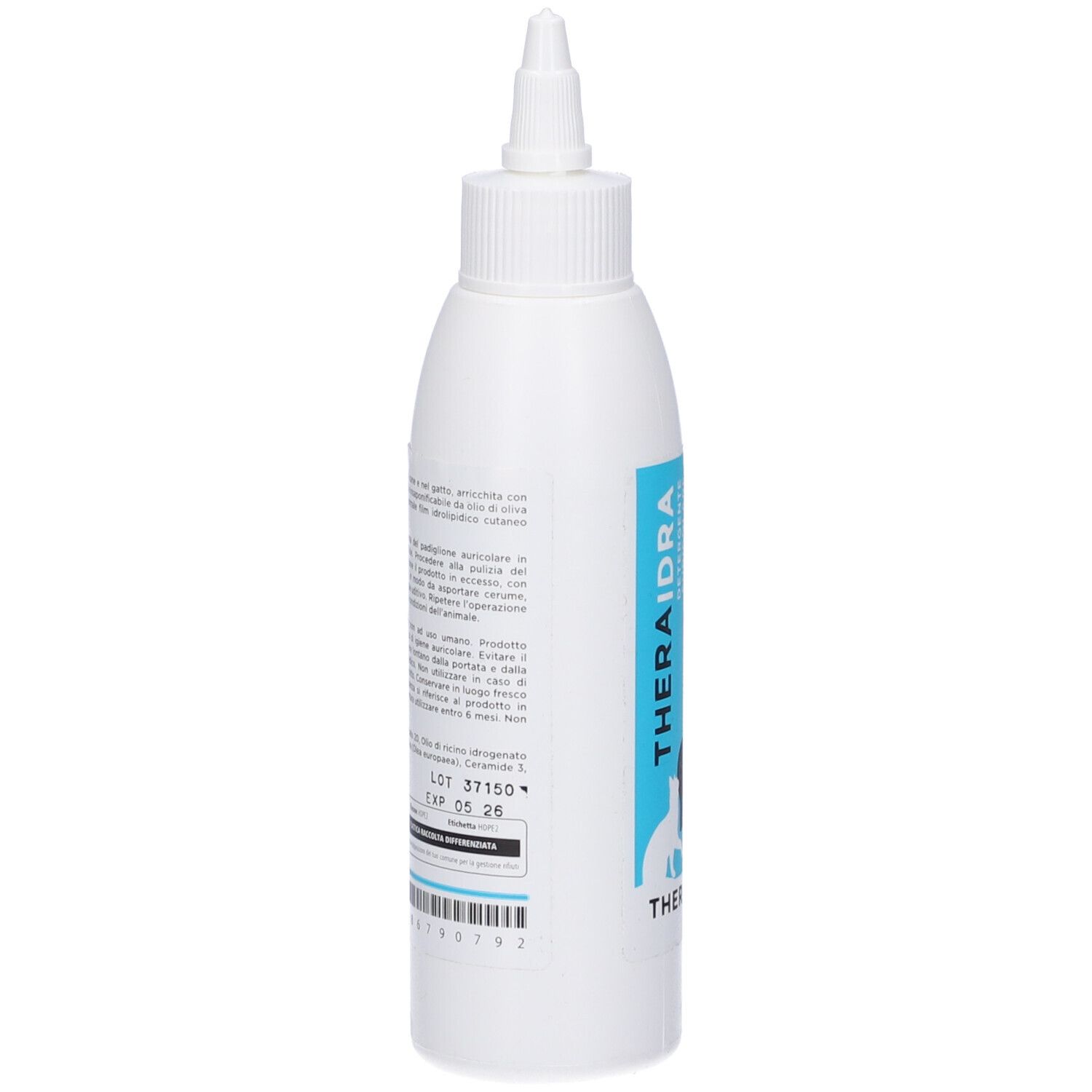 Flacone bianco con testo sul retro. Contiene informazioni sul prodotto. Con tappo a vite bianco.