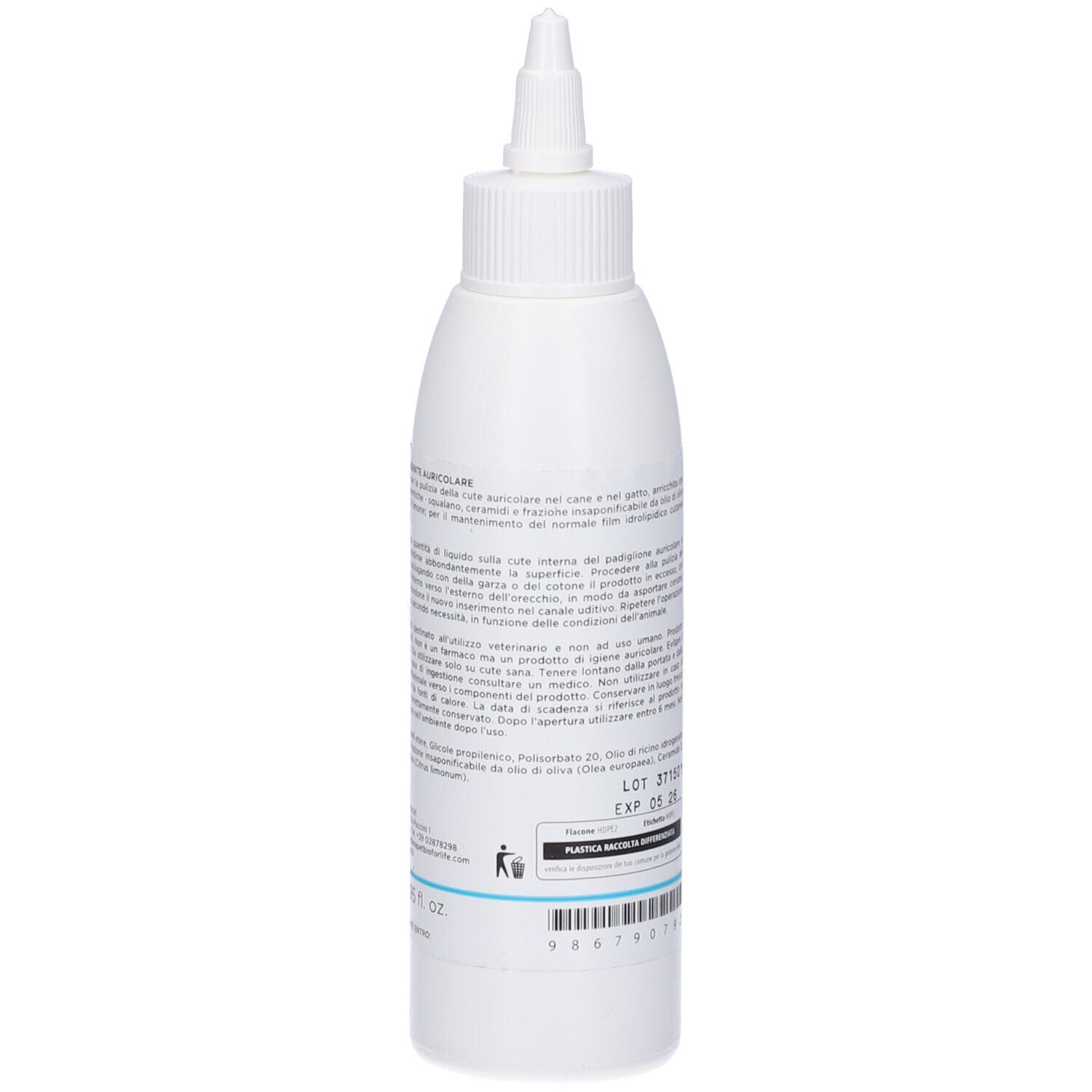 Flacone bianco con testo sul retro. Contiene informazioni sul prodotto. Con tappo a vite bianco.