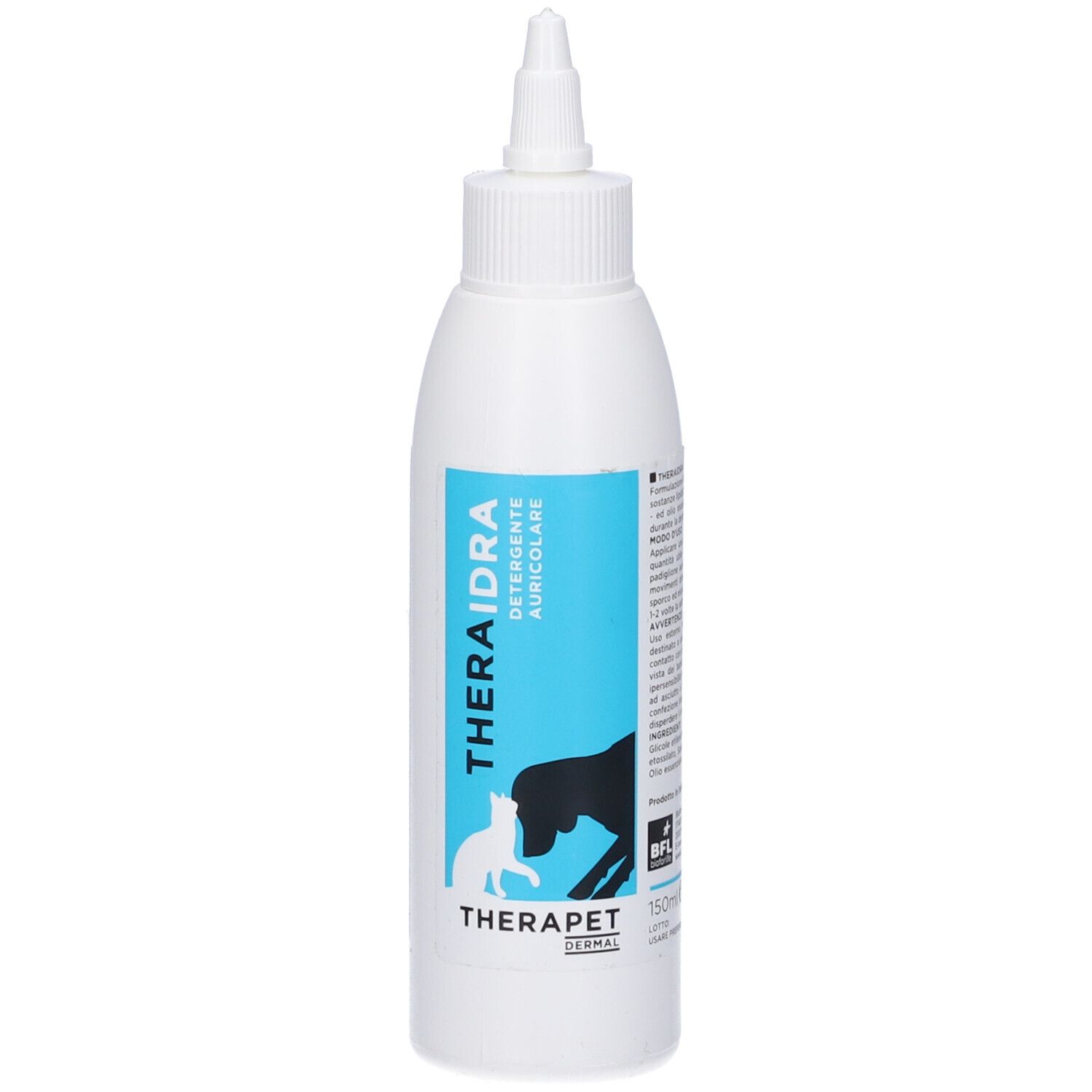 Flacone bianco con etichetta blu. Scritta: Theraidra Detergente Auricolare. Logo: gatto e cane. Marchio: Therapet.