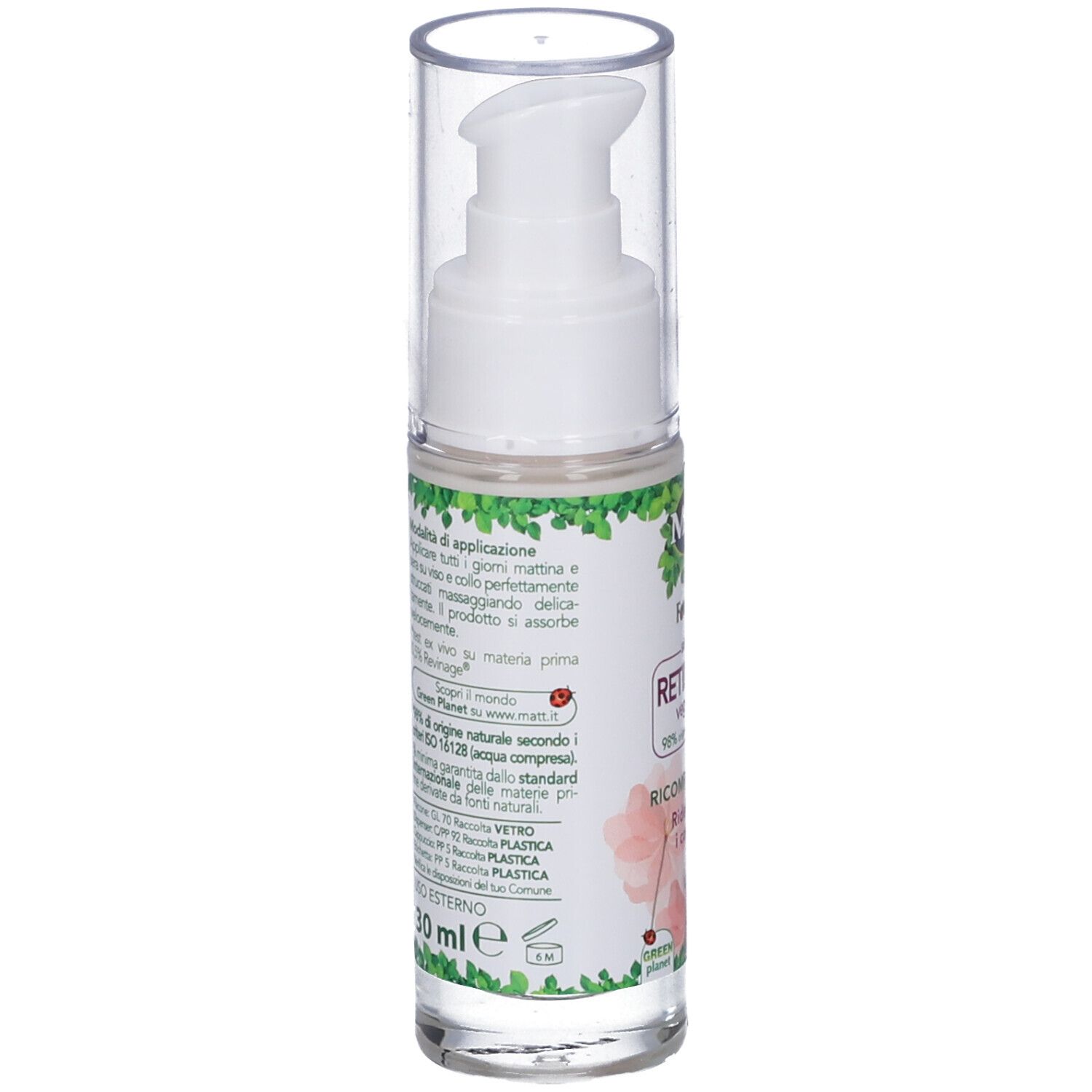 Retro del flacone Matt Siero Crema Retinolo Vegetale con informazioni sul prodotto e indicazione 30 ml.