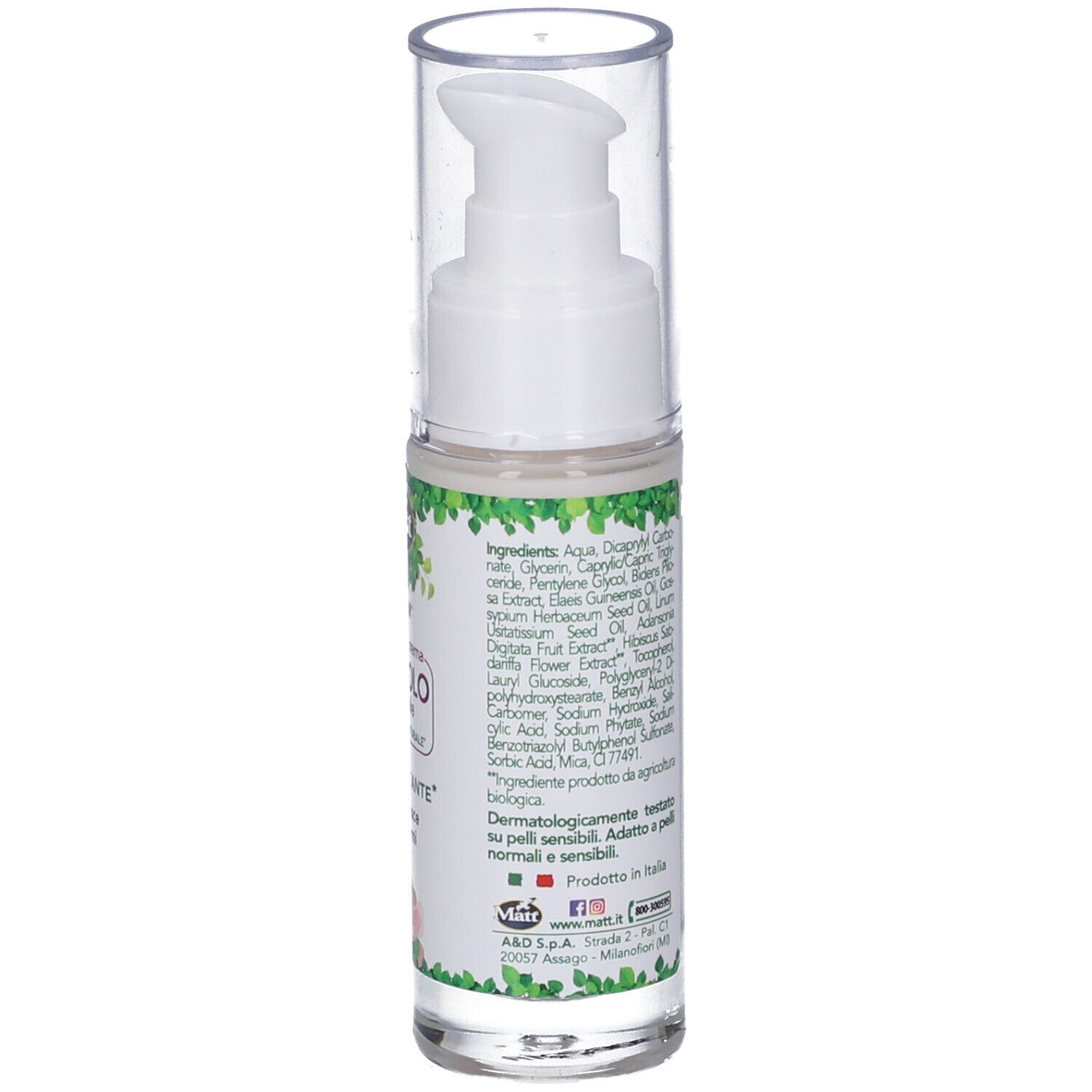 Fronte del flacone Matt Siero Crema Retinolo Vegetale con etichetta e informazioni sul contenuto.