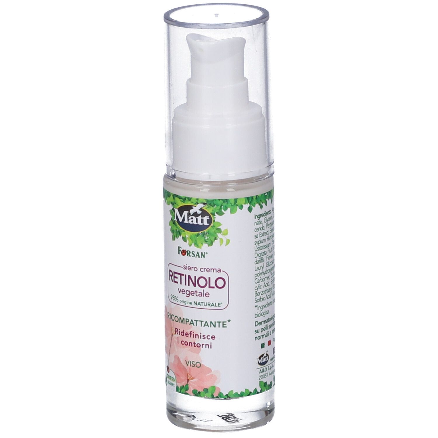 Flacone Matt Siero Crema Retinolo Vegetale con erogatore a pompa e tappo trasparente, vista frontale.