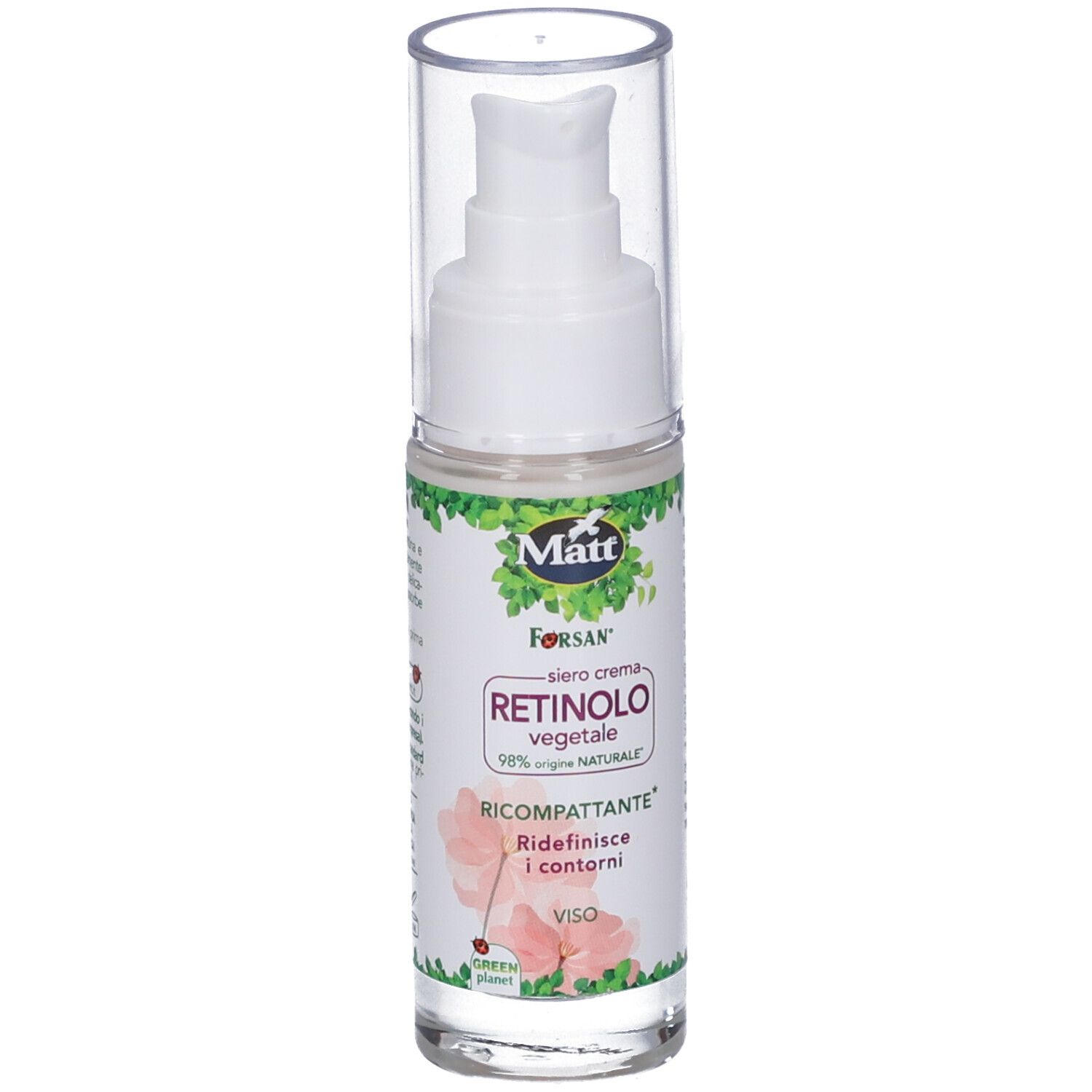 Flacone Matt Siero Crema Retinolo Vegetale con erogatore a pompa e tappo trasparente, leggermente inclinato.