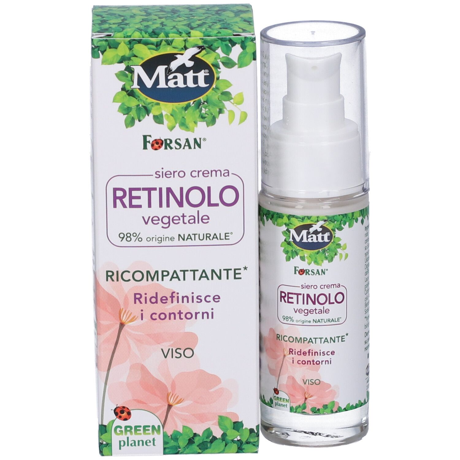 Flacone Matt Siero Crema Retinolo Vegetale e scatola esterna uno accanto all'altro.
