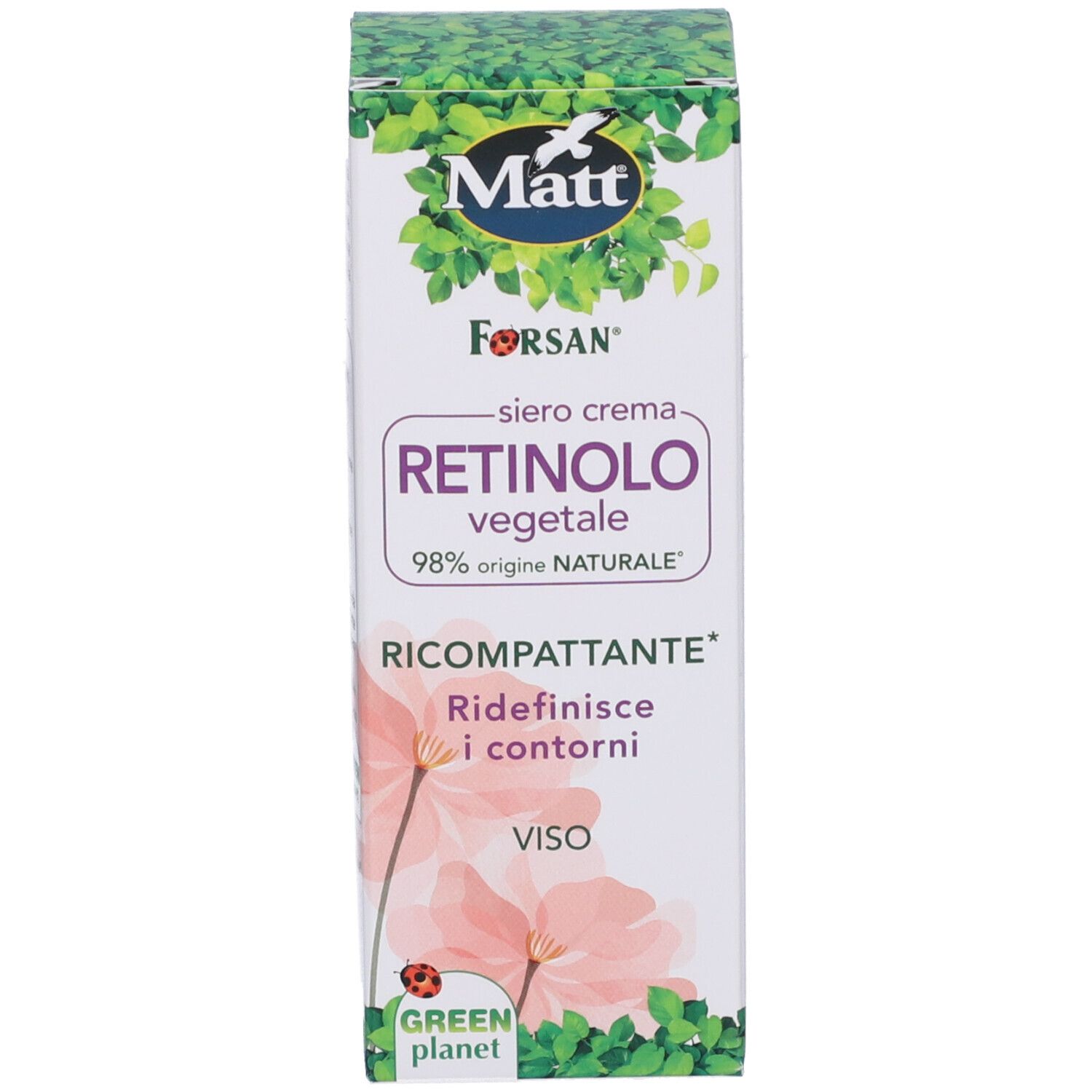 Confezione esterna Matt Siero Crema Retinolo Vegetale con immagine del prodotto e informazioni.