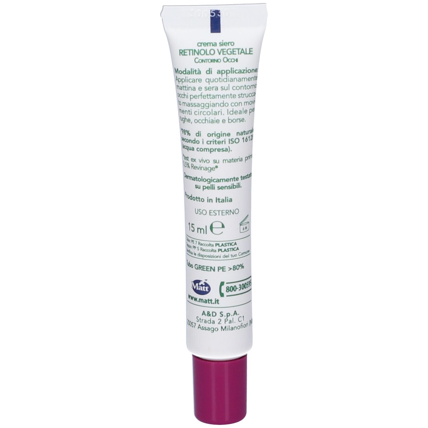 Retro del tubo crema contorno occhi Matt Forsan Retinolo Vegetale con informazioni prodotto e indicazione 15 ml.