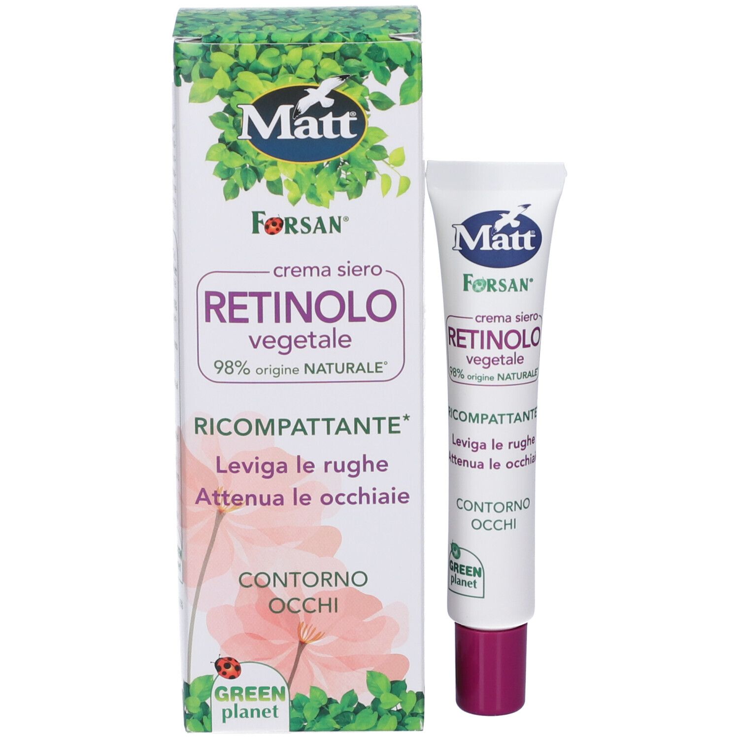 Tubo e confezione crema contorno occhi Matt Forsan Retinolo Vegetale con decoro a foglie.