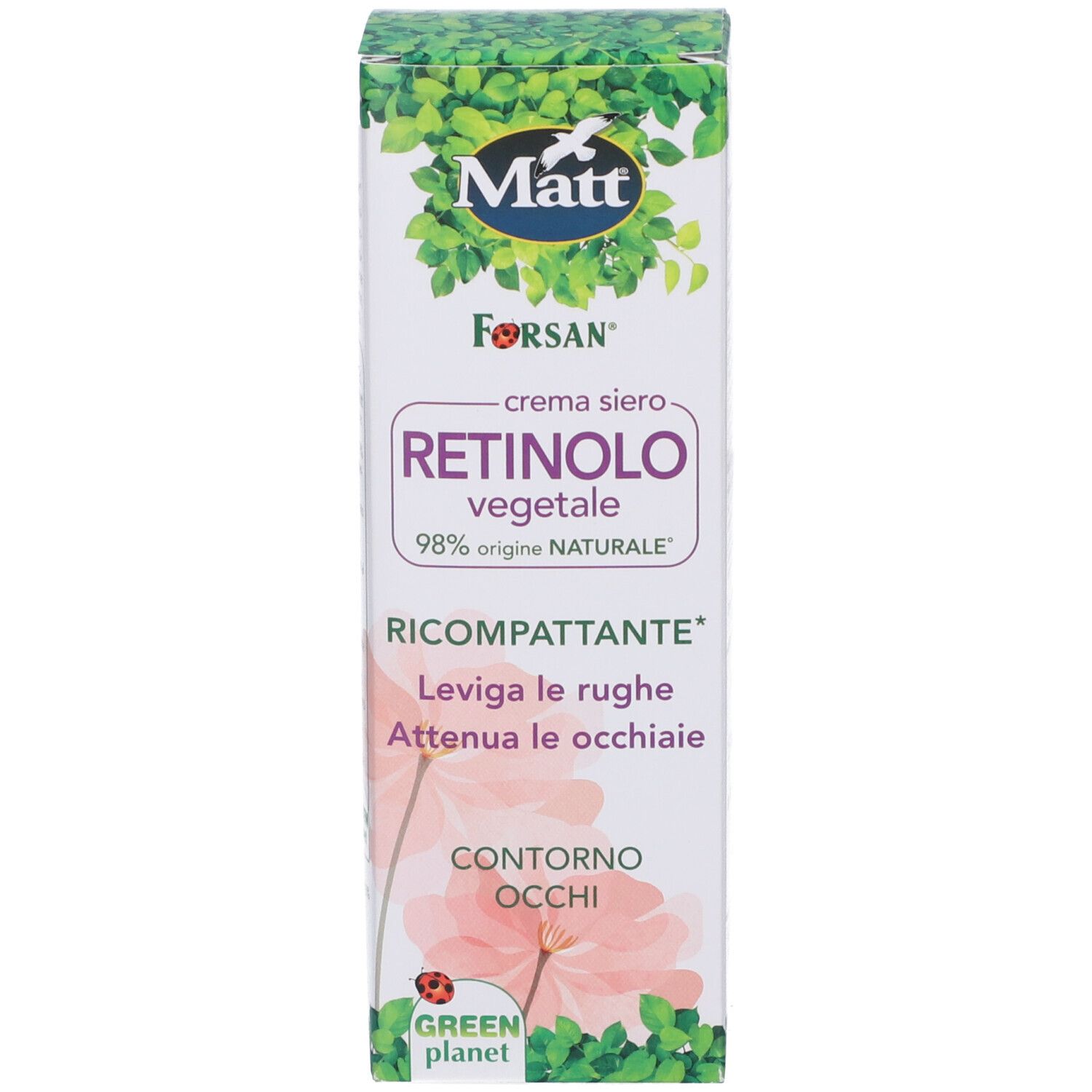 Confezione crema contorno occhi Matt Forsan Retinolo Vegetale con decoro a foglie e informazioni prodotto.