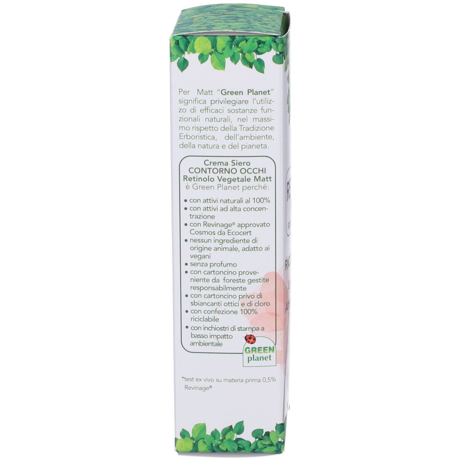 Lato della confezione crema contorno occhi Matt Forsan Retinolo Vegetale con caratteristiche dettagliate del prodotto.