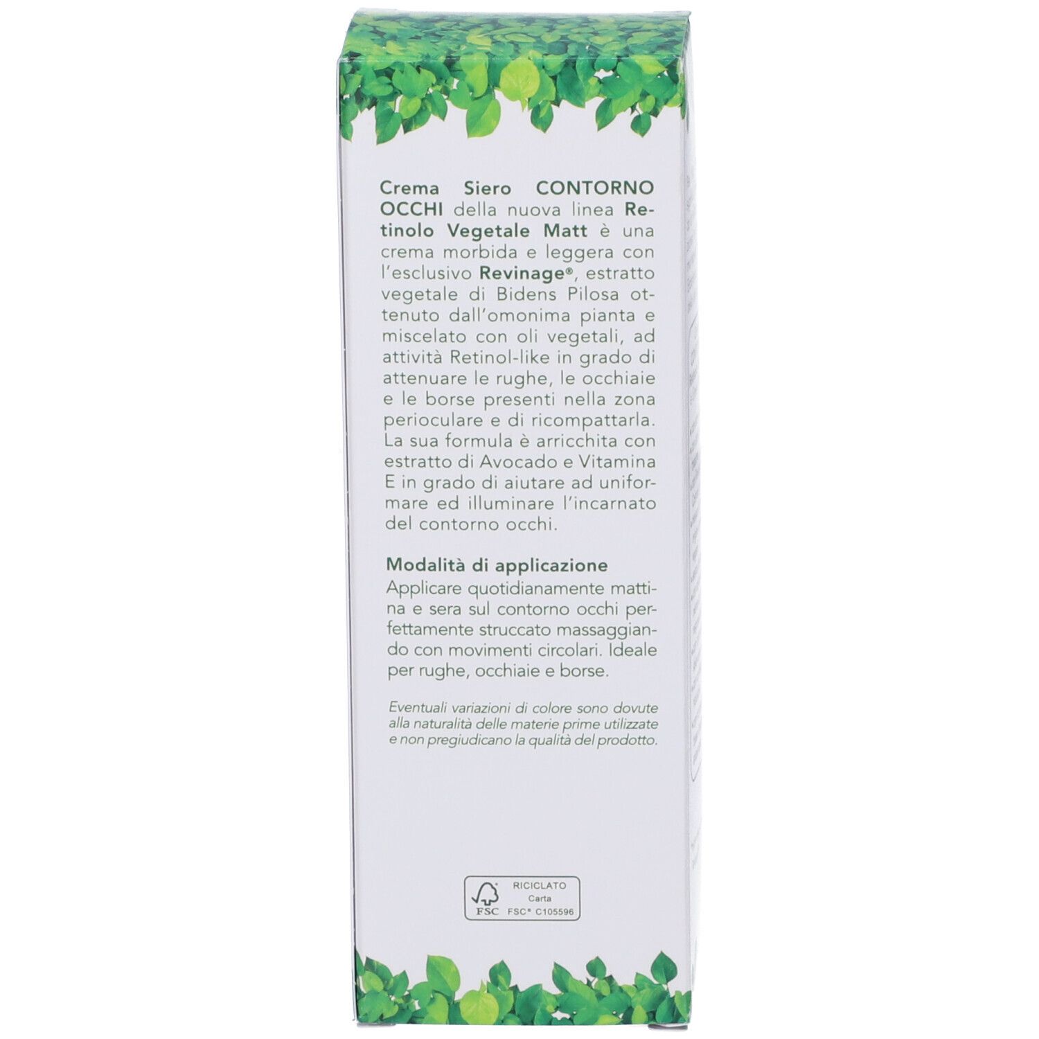 Lato della confezione crema contorno occhi Matt Forsan Retinolo Vegetale con descrizione prodotto e modalità d'uso.