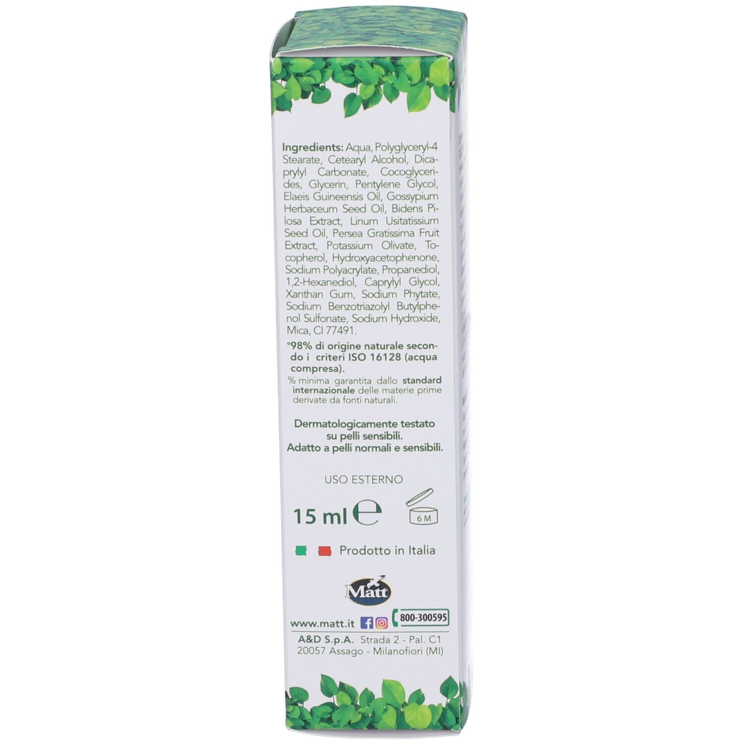 Lato della confezione crema contorno occhi Matt Forsan Retinolo Vegetale con ingredienti e indicazione 15 ml.