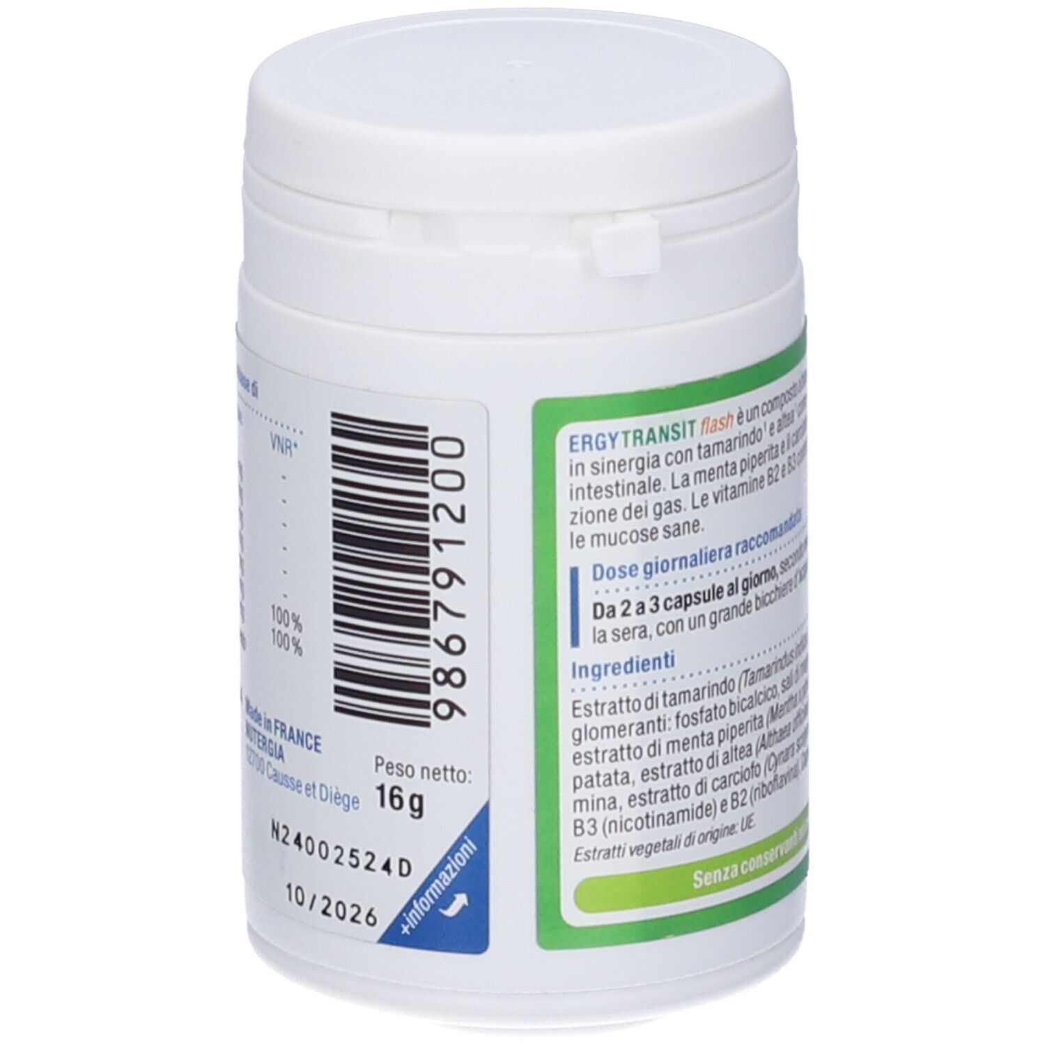 Retro del barattolo bianco. Codice a barre e informazioni produttore. Peso: 16g.